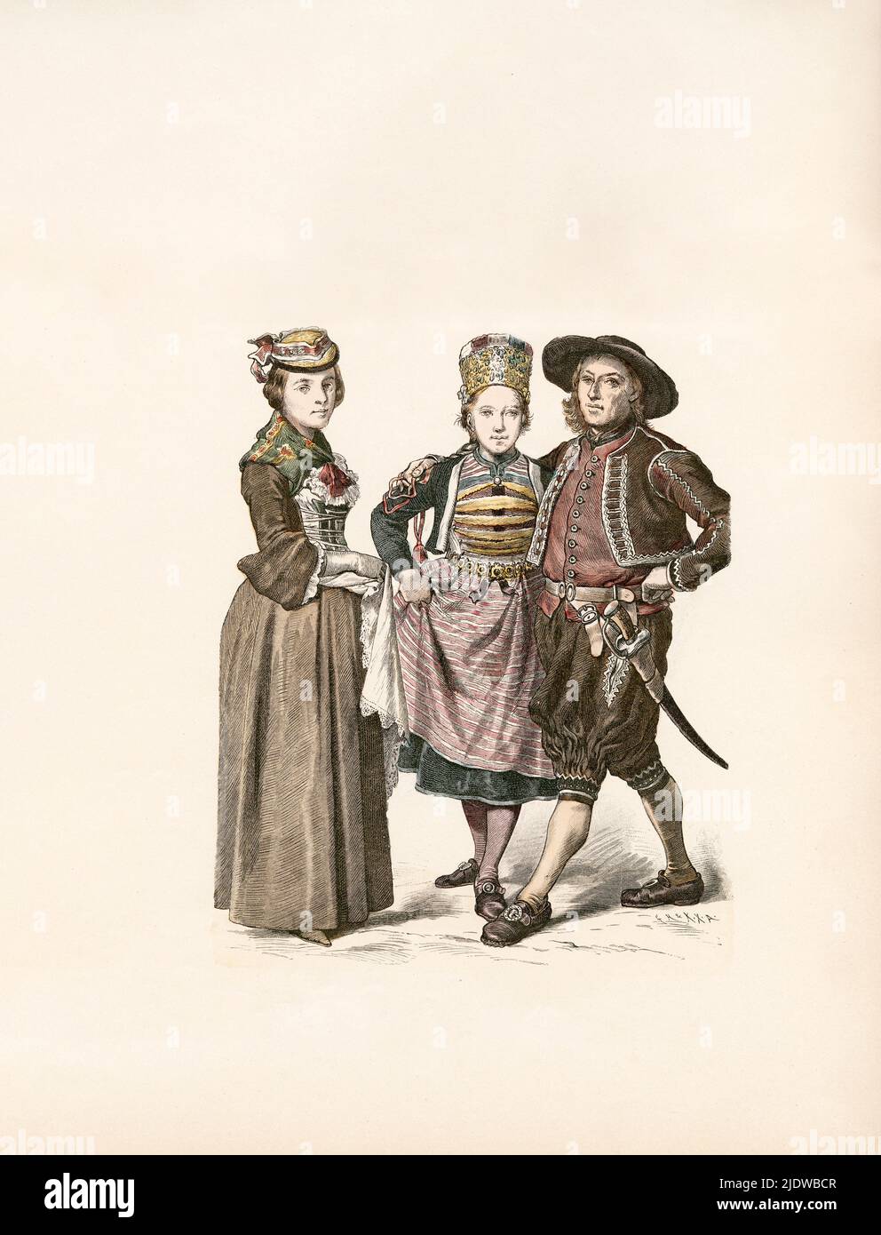 Costumi svizzeri, Vallese, Costume nuziale, Zurigo, Svizzera, Fine 18th secolo, Illustrazione, la Storia del Costume, Braun & Schneider, Monaco, Germania, 1861-1880 Foto Stock