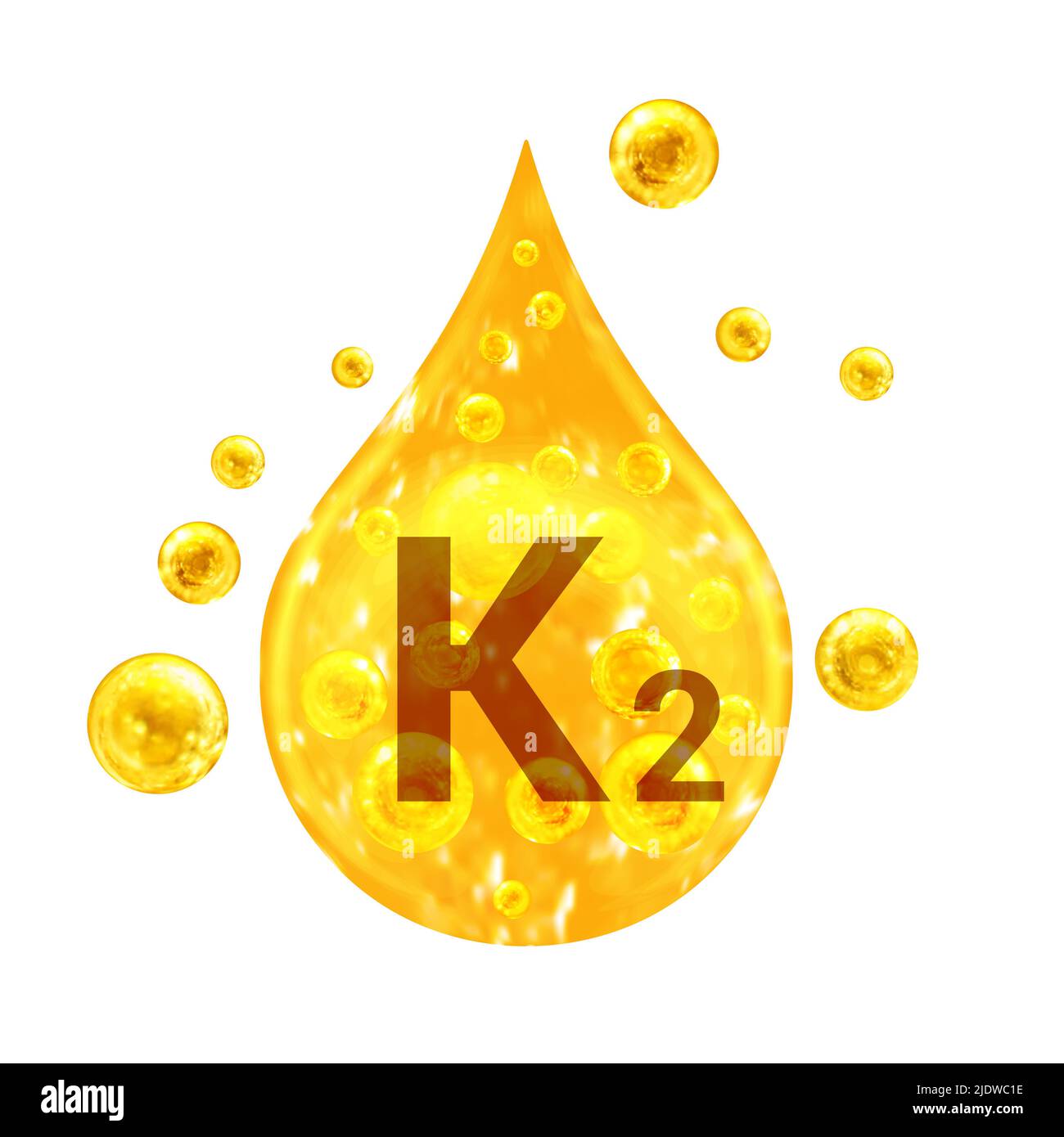 Vitamina K2. Immagini gocce d'oro e palline con bolle d'ossigeno. Concetto di salute. Isolato su sfondo bianco Foto Stock