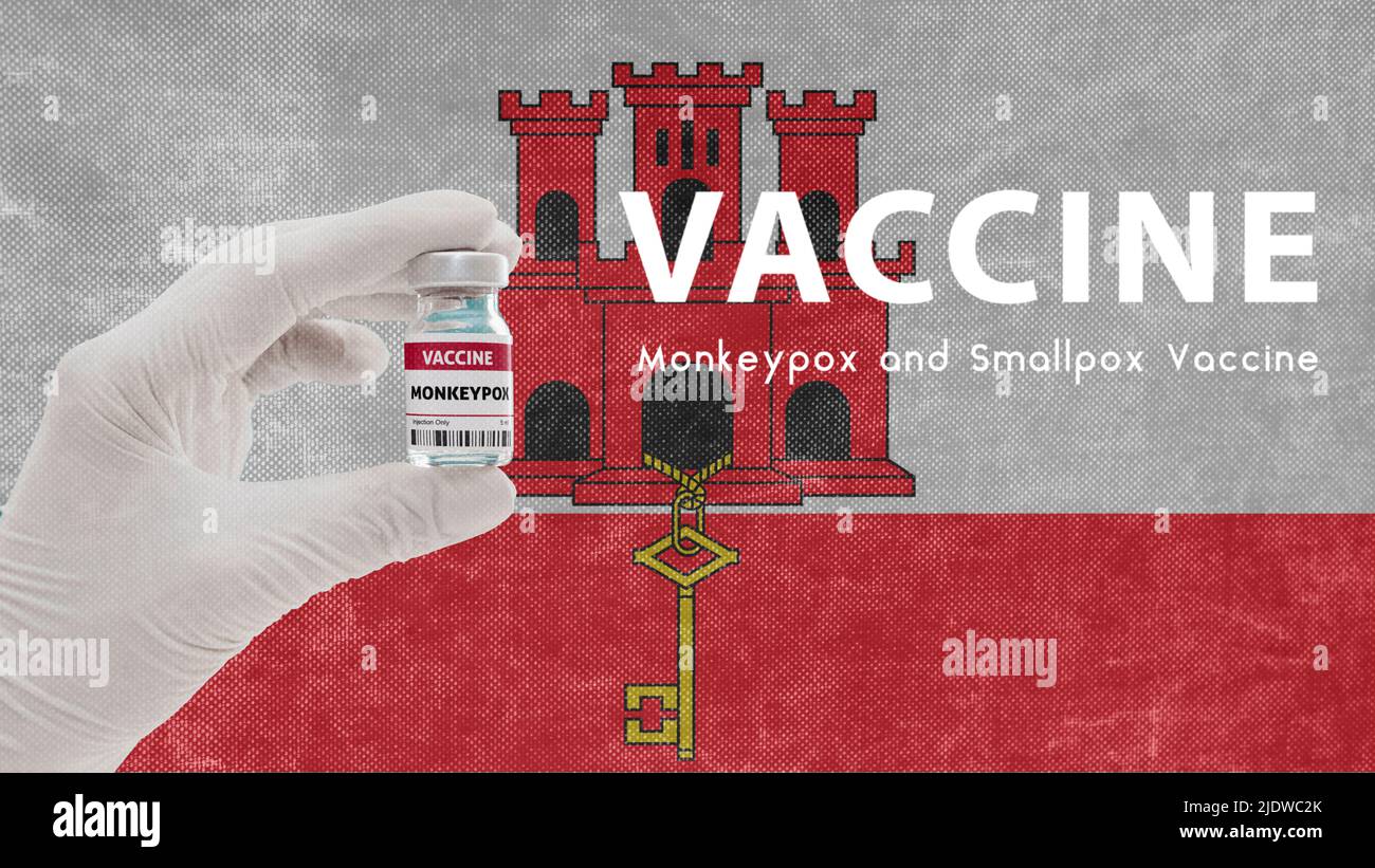 Vaccino Monkeypox e Smallpox, virus della pandemia di scimmipox, vaccinazione a Gibilterra per Monkeypox l'immagine ha rumore, granularità e artefatto di compressione Foto Stock
