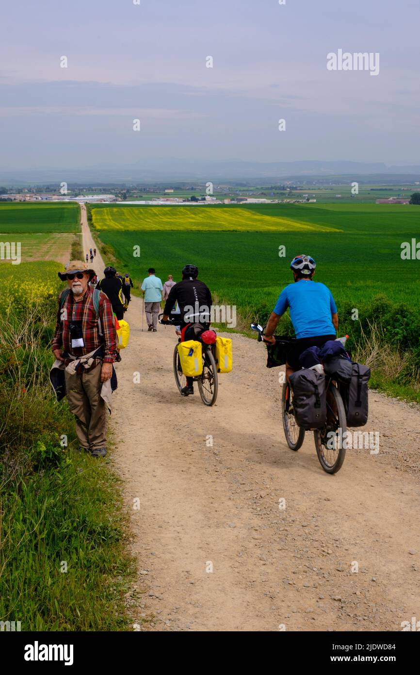 Spagna, distretto di Rioja. Gli escursionisti fanno il posto per i ciclisti sul Camino de Santiago che si avvicina a Santo Domingo de la Calzada. Foto Stock