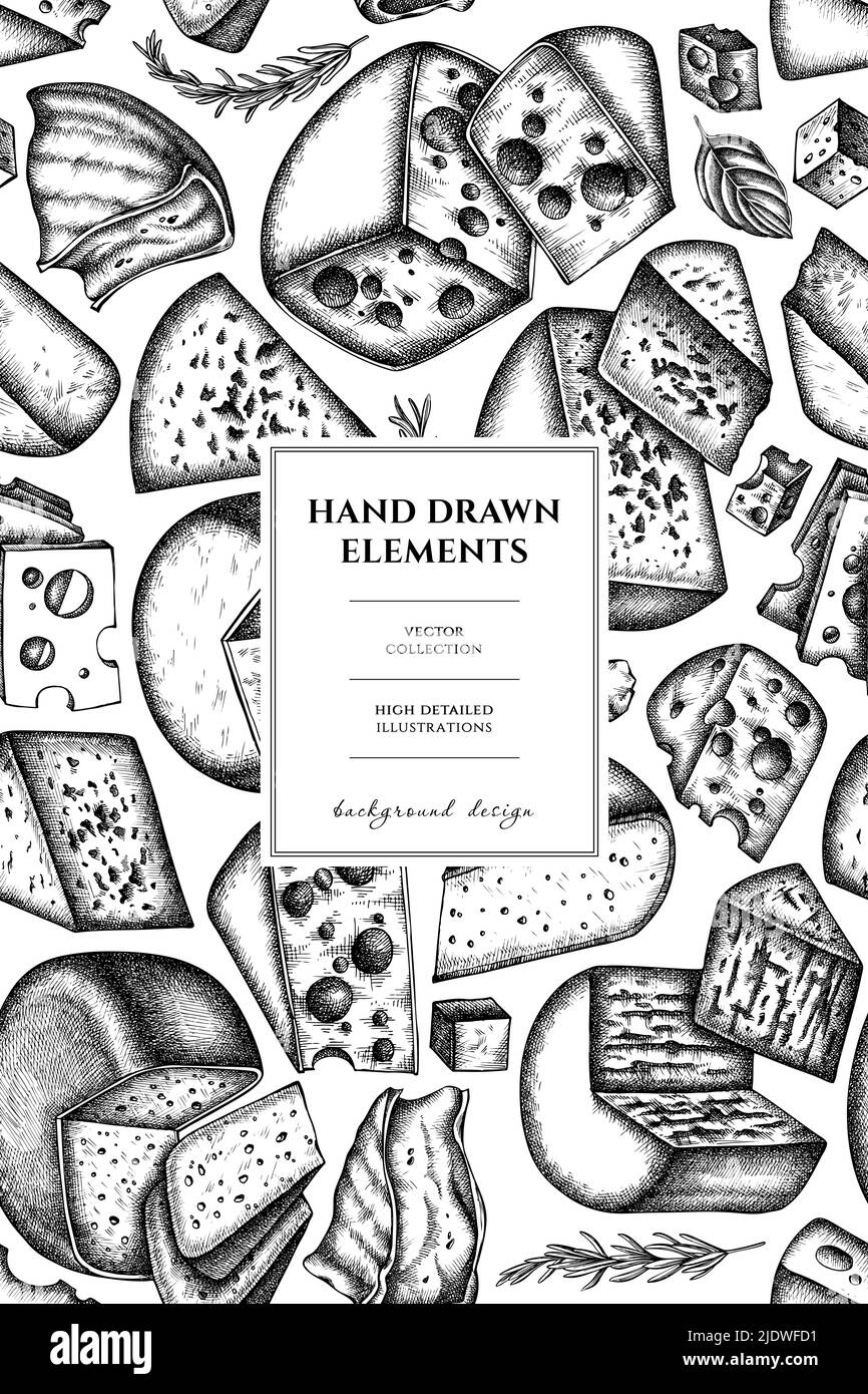 Disegno della scheda del modello di formaggio. brie, formaggio gouda, roquefort, ecc. Illustrazione Vettoriale