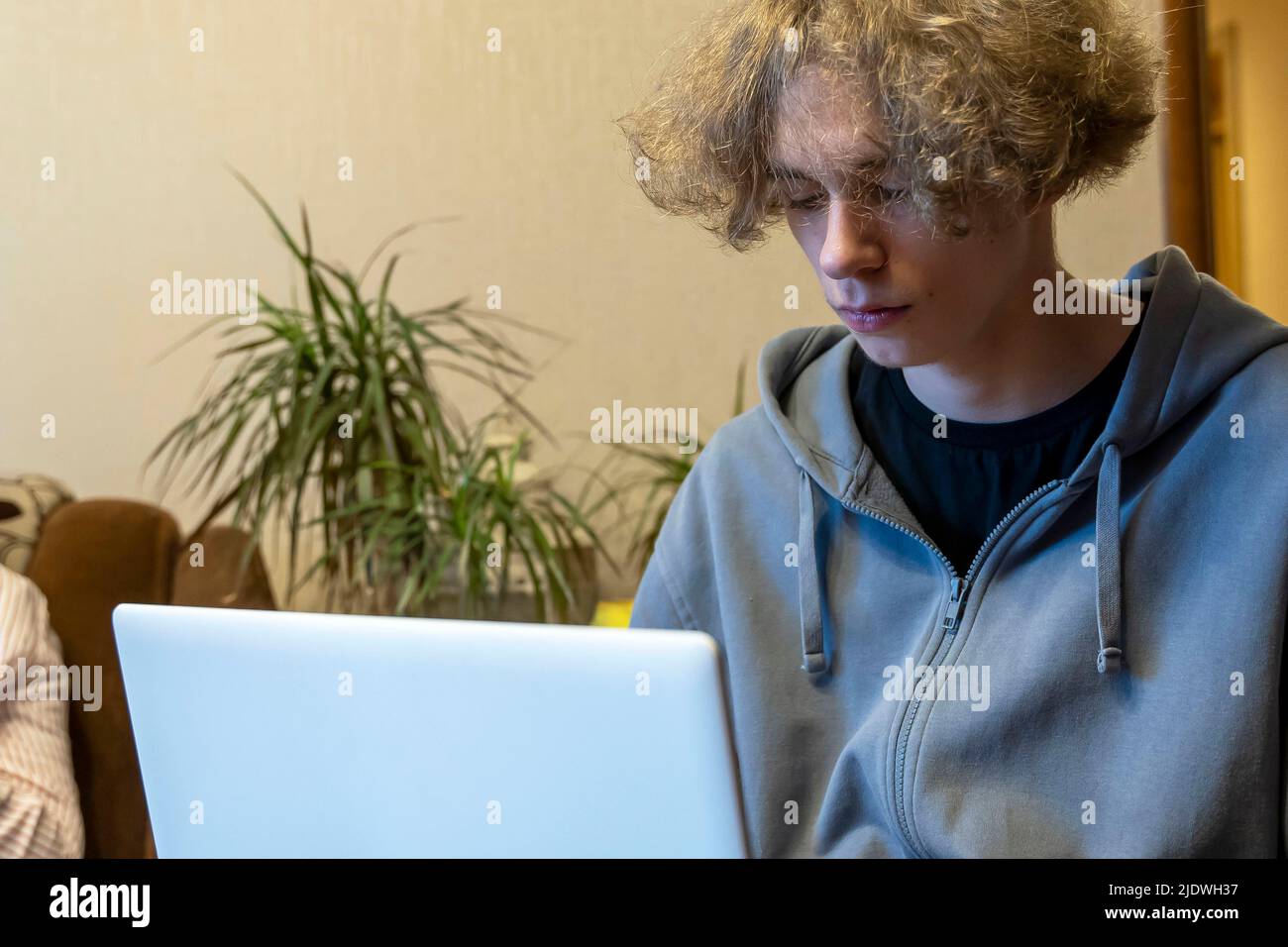 Un ragazzo giovane viene addestrato attraverso un computer portatile. Comunicazione remota Foto Stock
