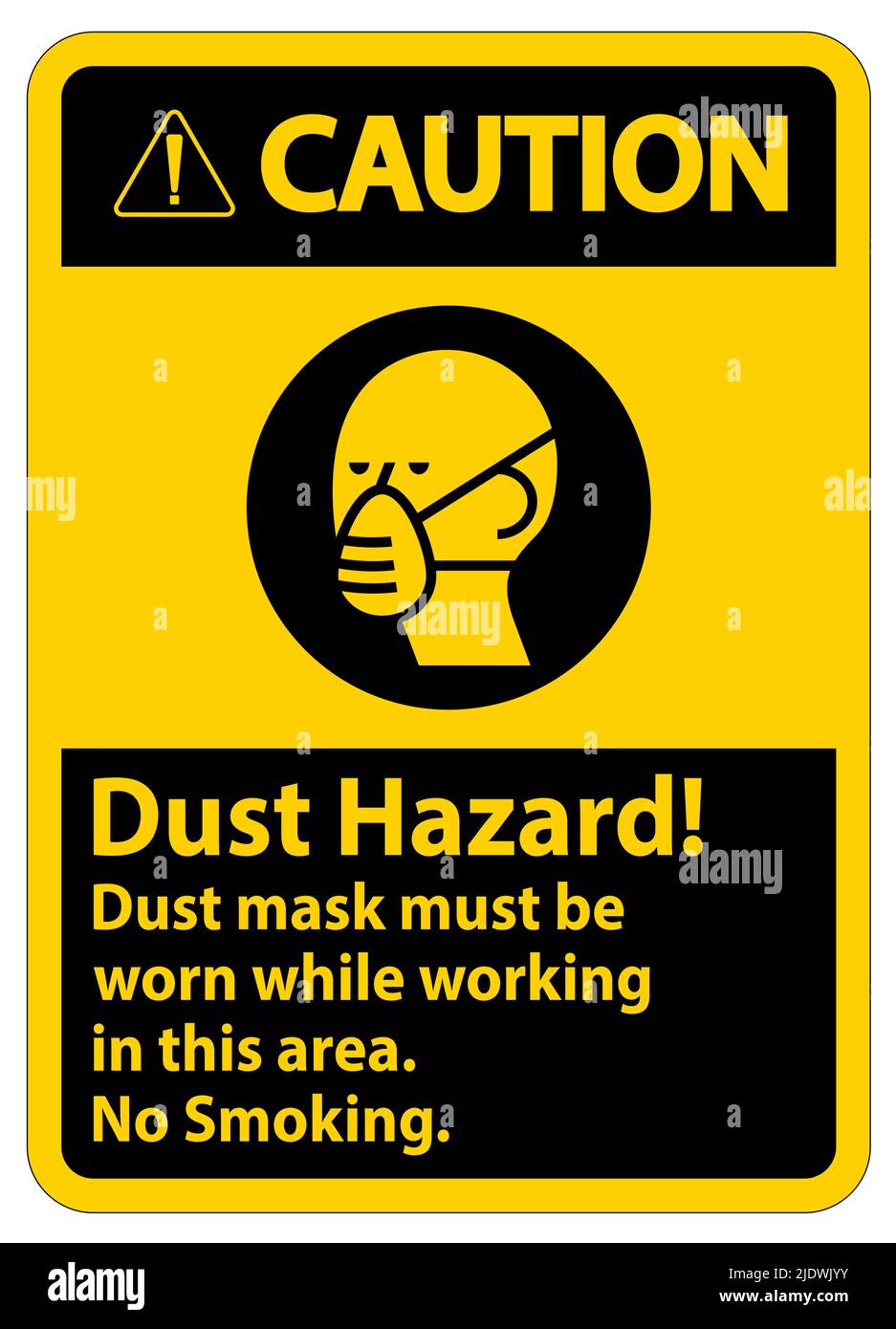Attenzione: Cartello per non fumare pericolo di polvere la maschera deve essere indossata durante il lavoro in quest'area Illustrazione Vettoriale