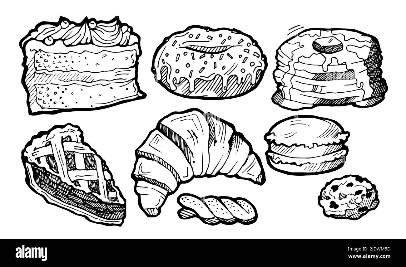 Set di pasticcini e panini. Disegno a mano del contorno. Isolato su sfondo bianco. Pane e panini dolci. Disegno monocromatico. Vettore Illustrazione Vettoriale