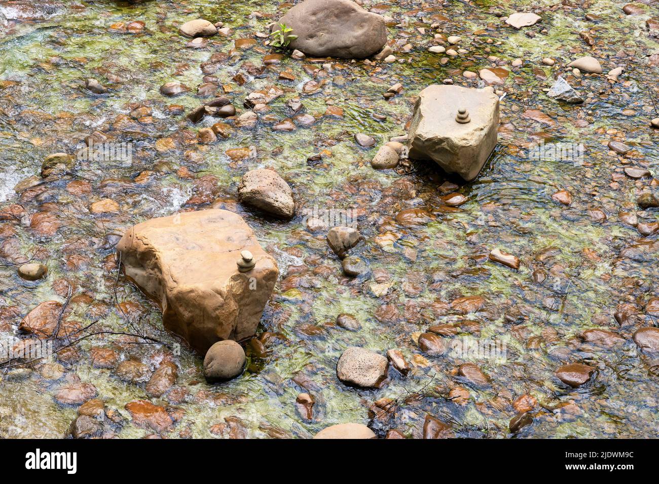 Piccole rocce impilate si siedono su massi in un letto di ruscello in un parco. Foto Stock