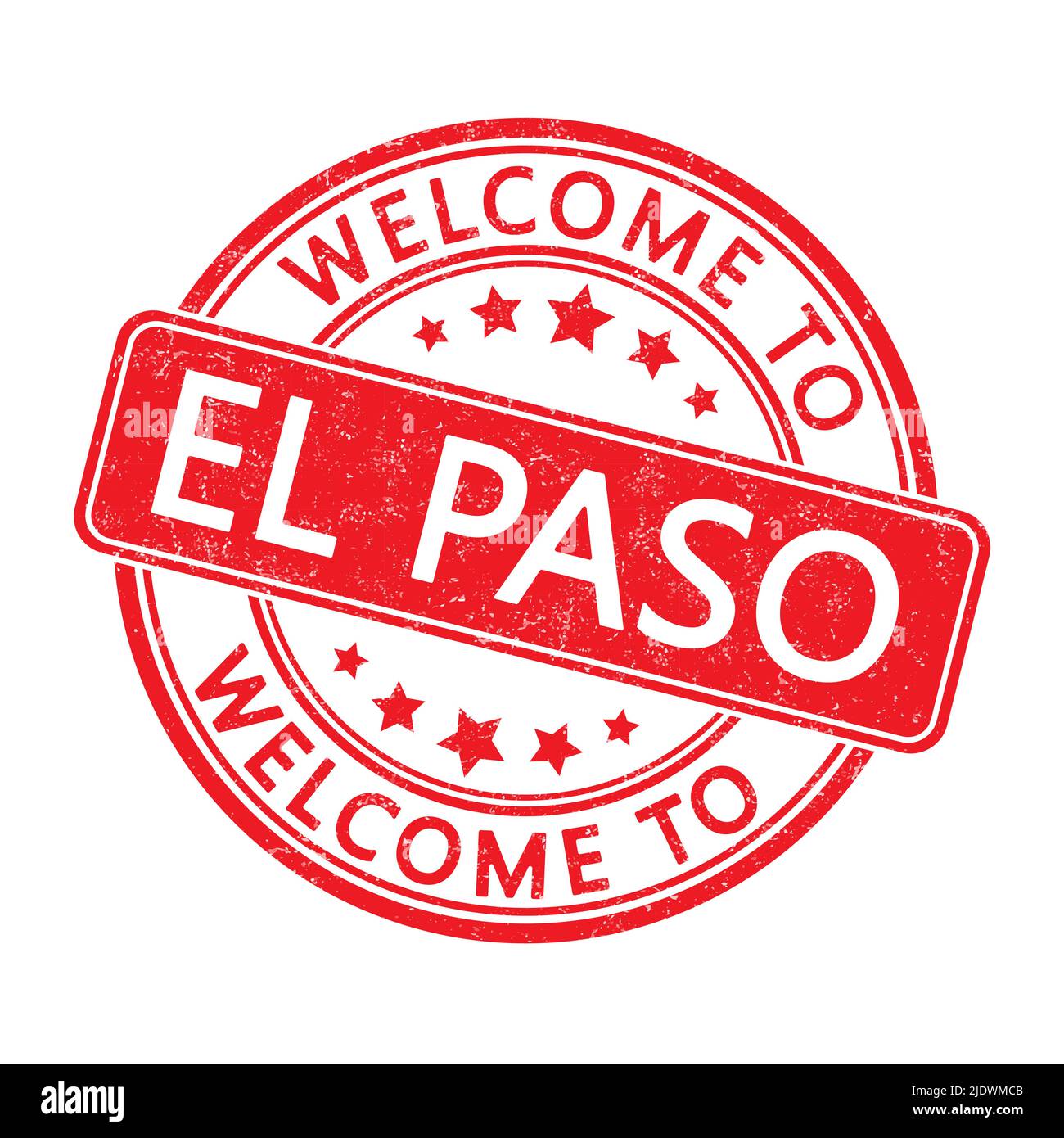 Benvenuto a El Paso. Impressione di un francobollo tondo con un puffo. Stile piatto Illustrazione Vettoriale