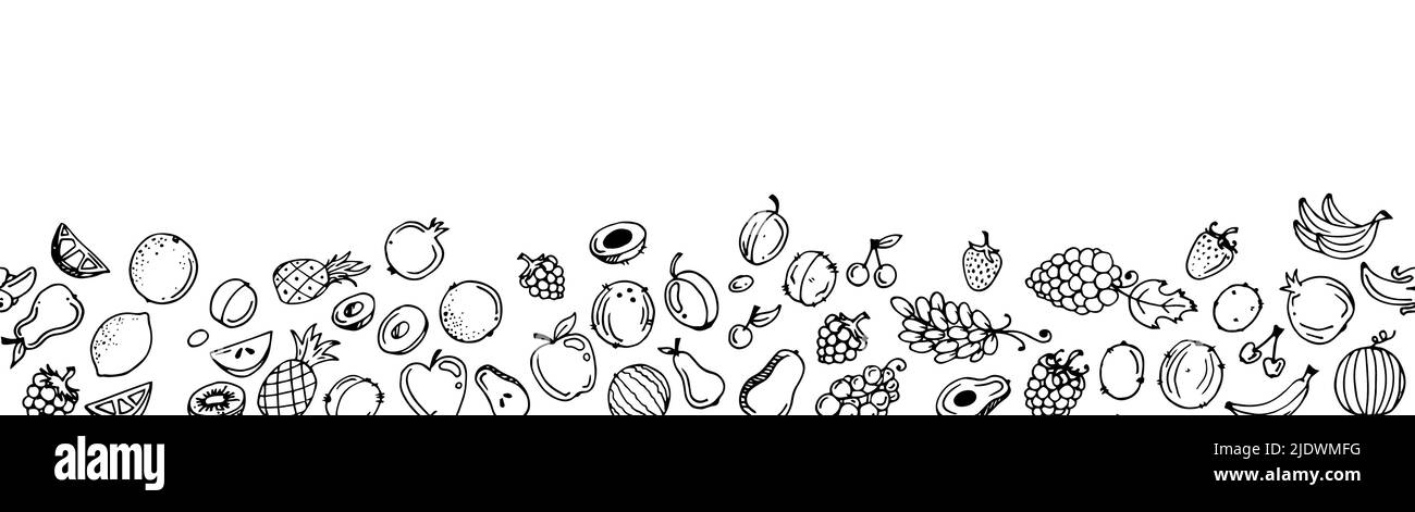 Frutta da giardino. Piante alimentari commestibili. Immagini continue senza interruzioni. Bordo inferiore sul bordo. Disegno monocromatico. Disegno a mano del contorno. Isolato su bianco Illustrazione Vettoriale