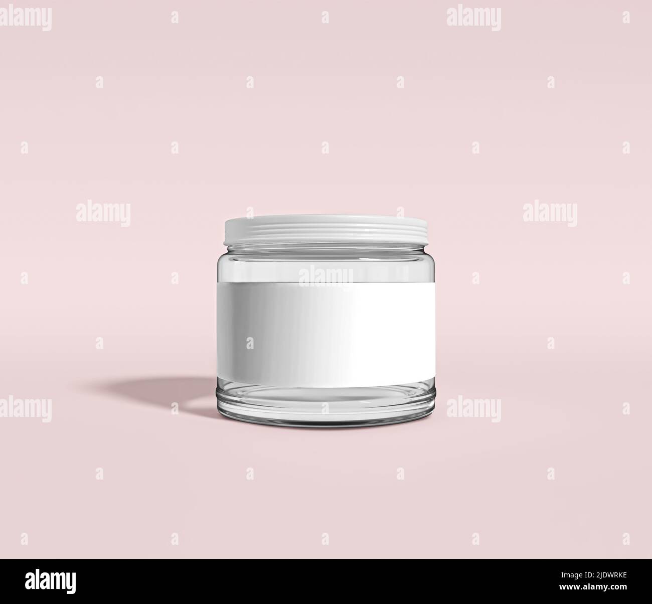 Vaso in vetro Mockup per il design dell'etichetta. 3d vasetto in vetro trasparente e plastica realistico. Colore viola Mock-up per il branding delle confezioni dei prodotti. Foto Stock