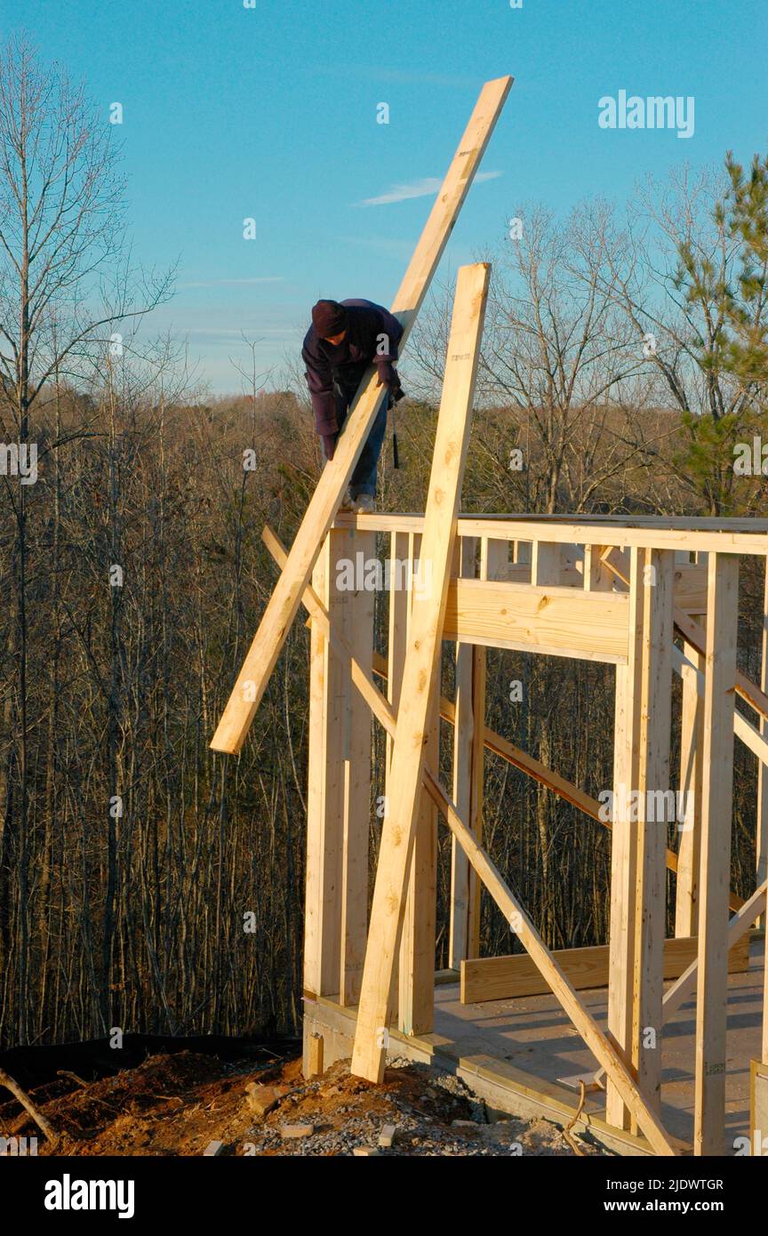 Nuova costruzione di casa di legno da equipaggio latino di lavoratori che fanno prigionieri travetti e pavimenti.- spazio di copia e spazio per testo e volti Foto Stock