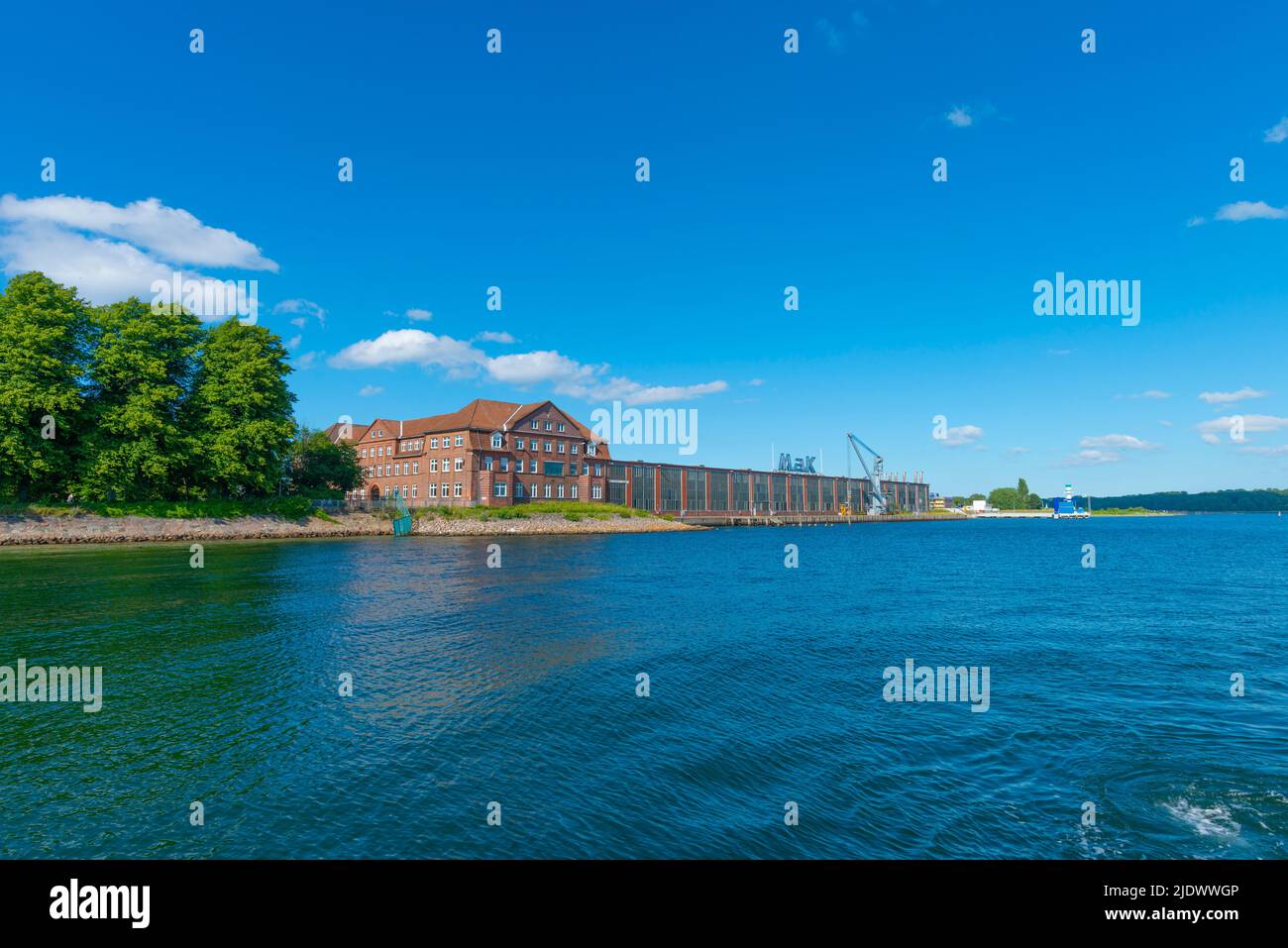 Ex fabbrica di macchine MAK, oggi Caterpillar Castings Kiel GmbH, Kiel Fjord, Schleswig-Holstein, Germania settentrionale Foto Stock
