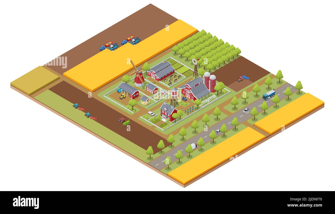 Edifici agricoli isometrici, fienile mulino e silo capannoni fieno giardino letti e trattore. Traino, spinta di macchinari agricoli, rimorchi Illustrazione Vettoriale