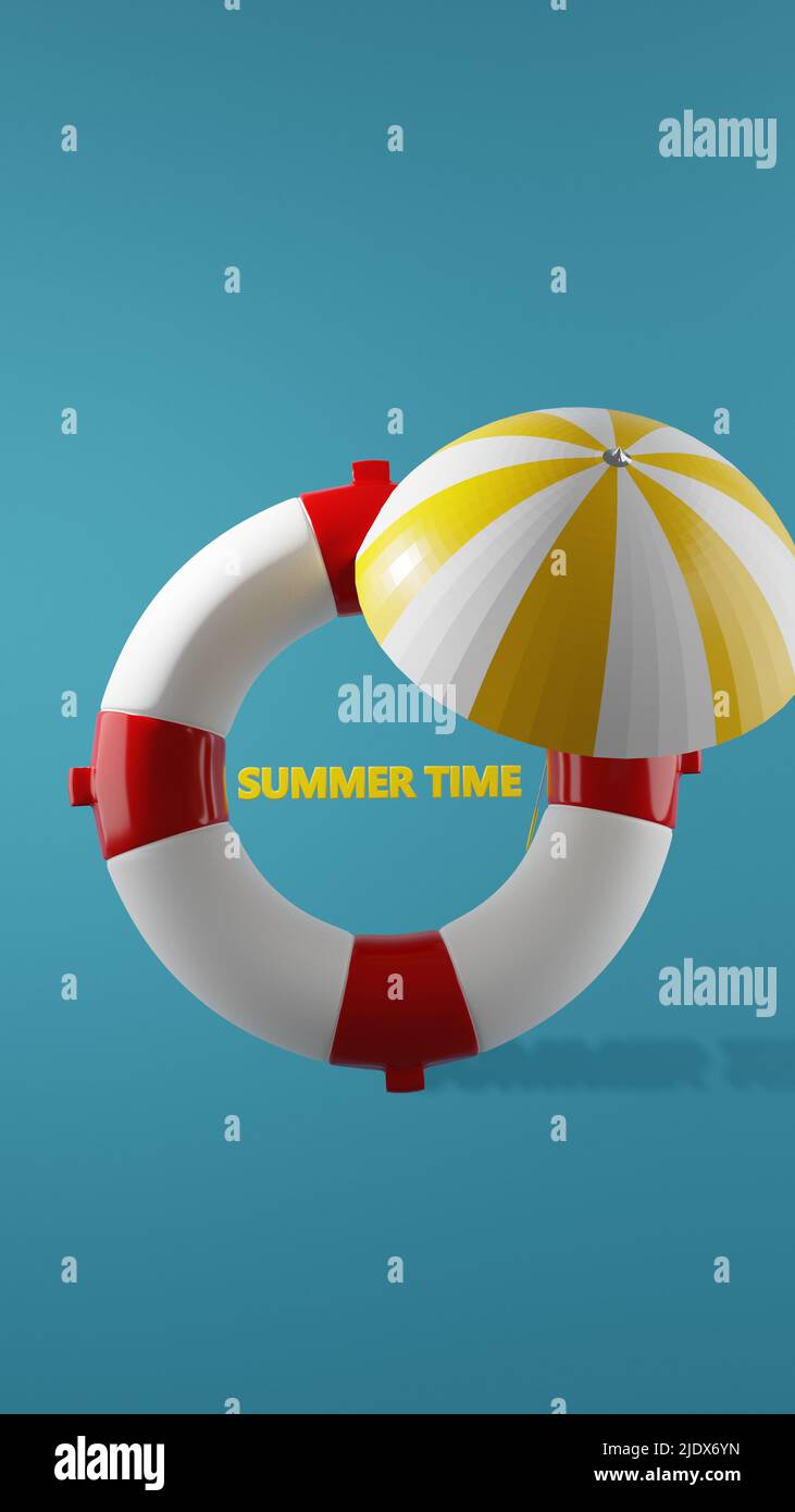 3d rendere un lifbuoy e un ombrello da spiaggia nell'acqua. 3d illustrazione Foto Stock