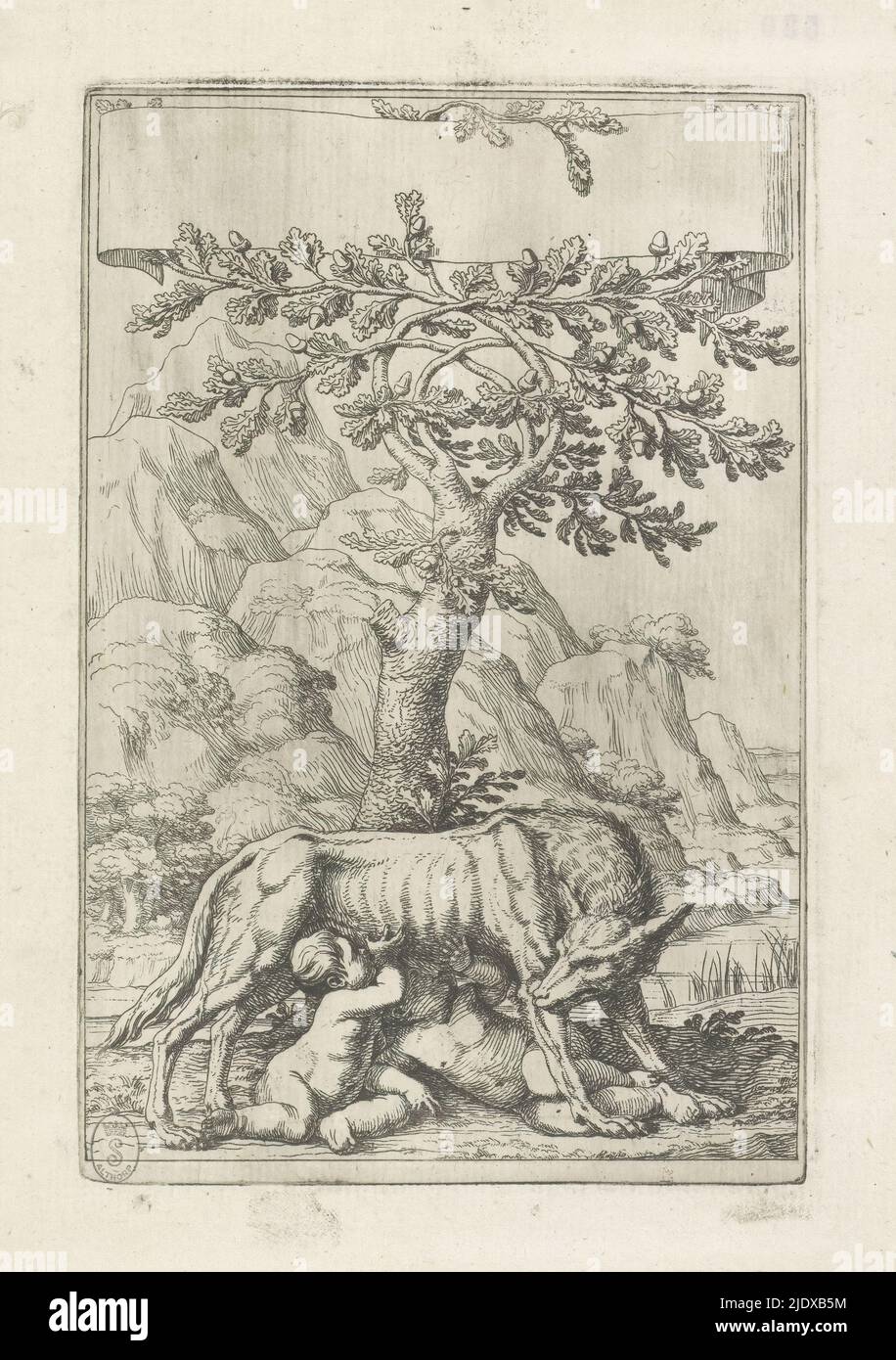 Stampa del titolo che mostra Romolo e Remo succhiati dal lupo, Romolo e Remo sono succhiati dal lupo (Lupa Romana) in un paesaggio. Al centro, un albero con una fascia vuota tra le foglie., tipografo: Giovanni Battista Galestruzzi, Italia, 1625 - 1669, carta, incisione, altezza 170 mm x larghezza 112 mm Foto Stock