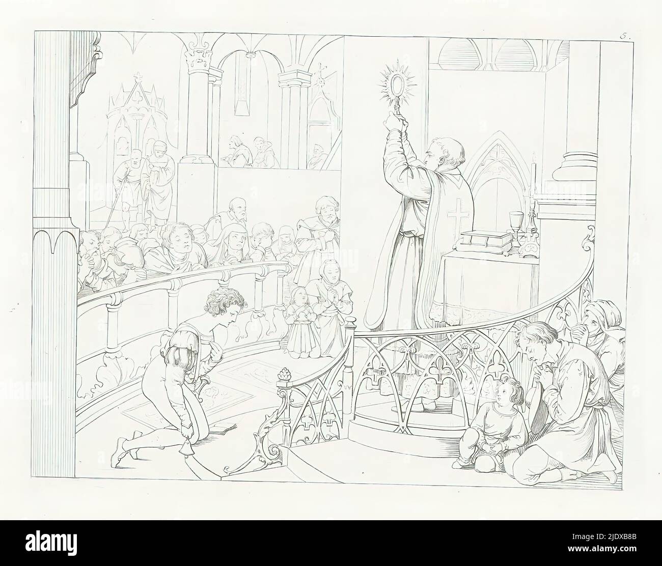 Church service, Schiller's Fridolin (titolo della serie), Umrisse zu Schiller's Fridolin (titolo della serie), print maker: Moritz Retzsch, (menzionato sull'oggetto), editore: J.G. Gotta'schen Buchhandlung, Stoccarda, 1823, carta, incisione, altezza 179 mm x larghezza 239 mm Foto Stock