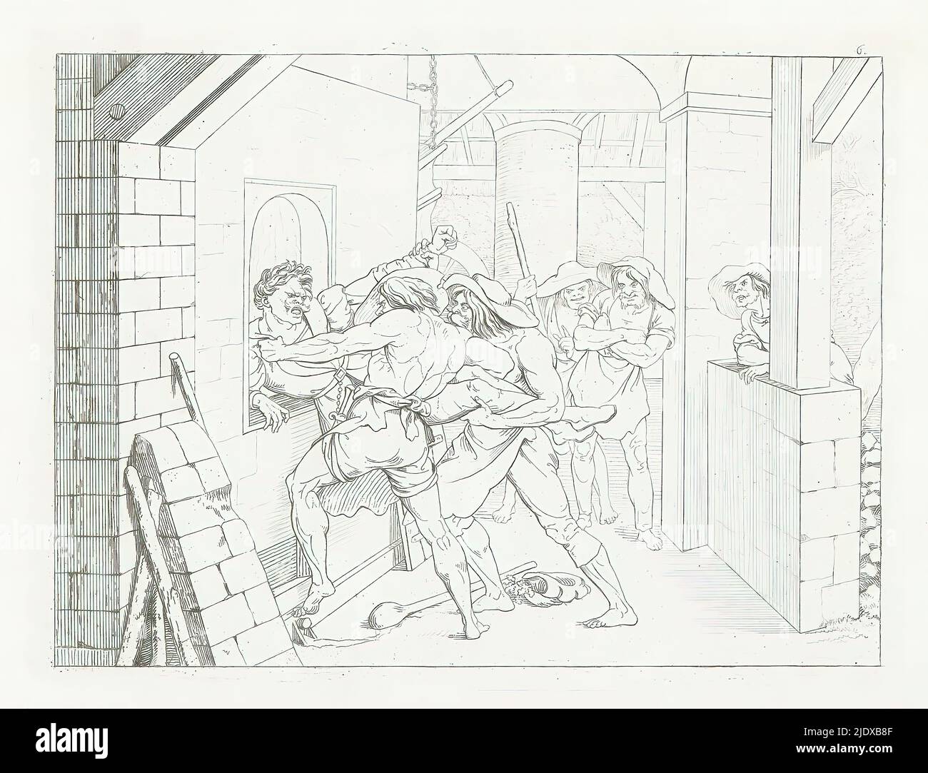 L'uomo è gettato in stufa, Frigolin di Schiller (titolo della serie), Frigolin di Umrisse zu Schiller (titolo della serie), creatore di stampa: Moritz Retzsch, (menzionato sull'oggetto), editore: J.G. Gotta'schen Buchhandlung, Stoccarda, 1823, carta, incisione, altezza 179 mm x larghezza 239 mm Foto Stock