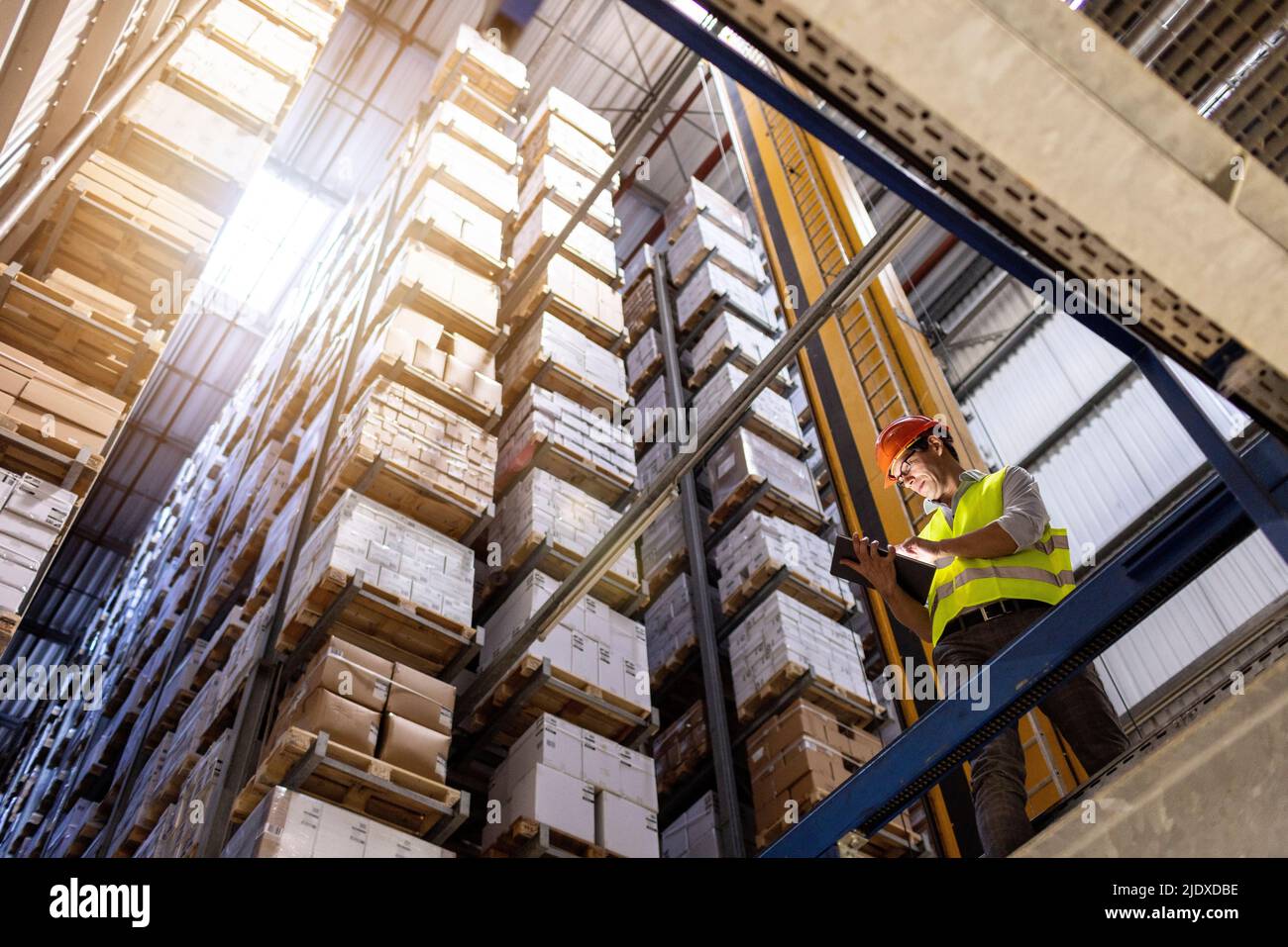 Lavoratore che utilizza un tablet PC in piedi da ringhiere che lavora in warehouse Foto Stock