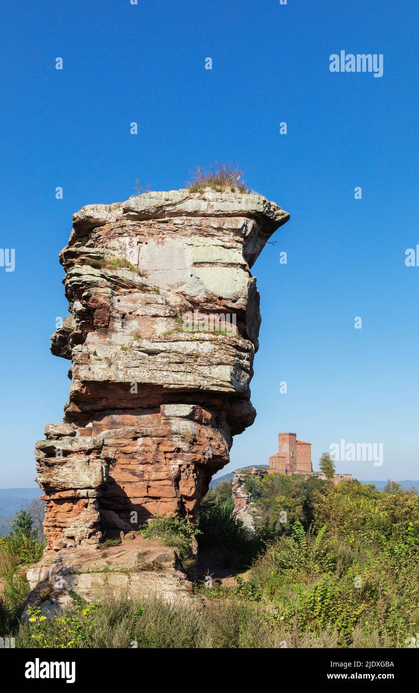 Germania, Renania-Palatinato, formazione di rocce di arenaria nella foresta di Palatinato con il castello di Trifels in background distante Foto Stock