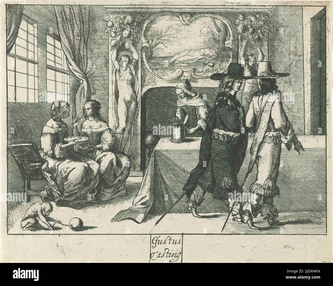 Gusto, Gustus / degustazione (titolo su oggetto), cinque sensi (titolo della serie), tipografia: Richard Gaywood, dopo la stampa di: Edmond Marmion, editore: Peter stent, Londra, 1650 - 1665, carta, incisione, altezza 145 mm x larghezza 183 mm Foto Stock