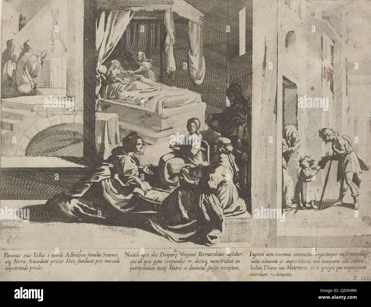 Tre episodi della vita di San Bernardino di Siena, la vita di San Bernardino di Siena (titolo della serie), sullo sfondo a sinistra, i genitori di San Bernardino di Siena pregano per un figlio (episodio 1). Al centro, una rappresentazione della nascita di Bernardino. La madre si trova in un letto a baldacchino, in primo piano un gruppo di ostetriche con il bambino (episodio 2). Sulla destra, San Bernardin come bambino che dà elemosina ad un mendicante (episodio 3). Testo in margine inferiore., tipografo: Bernardino Capitelli, dopo disegno di: Rutilio di Lorenzo Manetti, (citato in oggetto), Italia, 1635, carta, acquaforte, altezza 21 Foto Stock