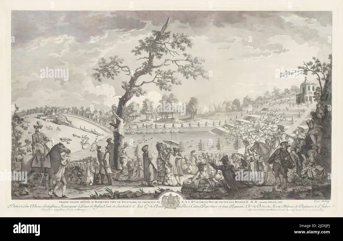 Grande Chasse donnée au Baerensee près de Stuttgard, 1782 / Caccia a Baerensee nei pressi di Stoccarda nel mese di ottobre 1782, caccia di cervi e cinghiali a Baerensee nei pressi di Stoccarda, alla presenza del Granduca di Russia (?)nell'ottobre 1782. Nel centro, i cervi camminano attraverso l'acqua. Spettatori in primo piano., tipografo: Nicolaus Heideloff, dopo la pittura di: Victor Wilhelm Peter Heideloff, Ludwig Fürst von Nassau zu Saarbrücken, dopo il 1782, carta, incisione, altezza 477 mm x larghezza 754 mm Foto Stock