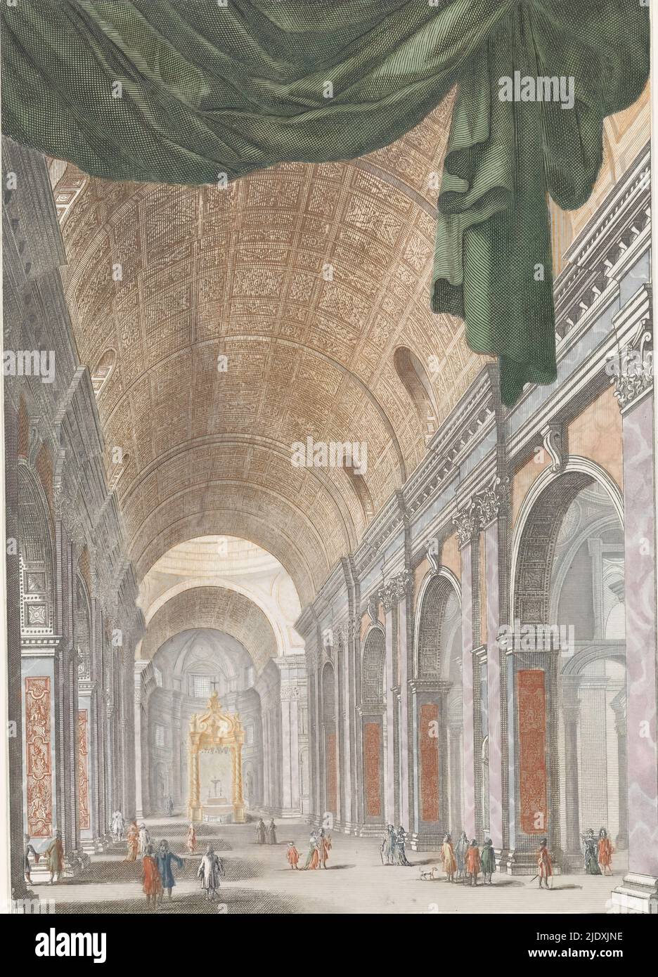 Interno della Basilica di San Pietro a Roma, interno della Basilica di San Pietro a Roma che mostra la parte posteriore dell'altare con il baldacchino del Bernini., tipografo: anonimo, Johan Teyler, Olanda, 1688 - 1698, carta, incisione, altezza 229 mm x larghezza 163 mm Foto Stock