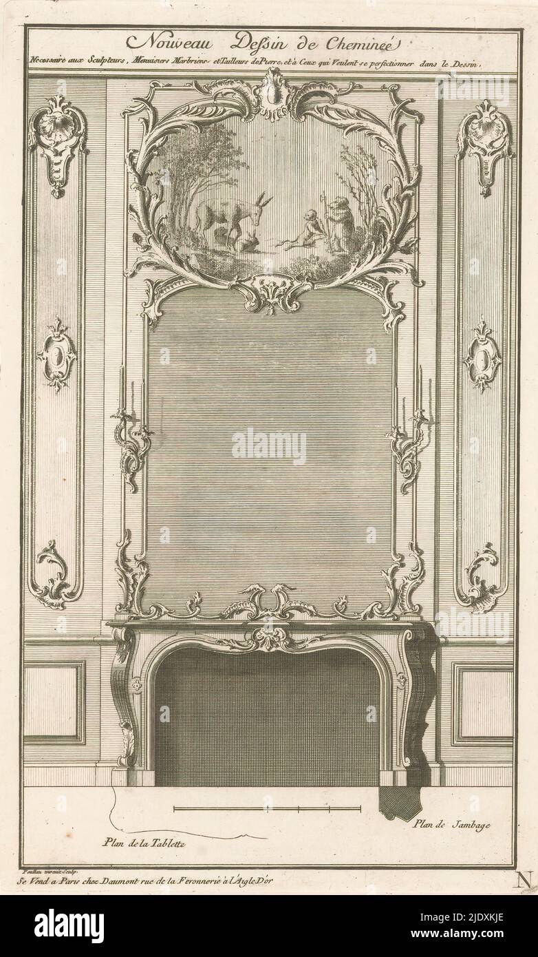 Camino con cartouche di animali, N Nouveau Dessin de Cheminée. Necessaire aux Menuisiers Sculpteurs et Tailleurs de Pierre et a ceux qui Veullent se perfectionner dans le Dessin (titolo della serie su oggetto), Design per un camino con ornamenti a rocaille e in cima una cartouche con animali come un orso, una scimmia e un asino., tipografia: Claude René Gabriel Poulleau, (menzionato sull'oggetto), tipografo: Denis, dopo il proprio disegno di: Claude René Gabriel Poulleau, (menzionato sull'oggetto), Parigi, 1759 - 1775, carta, incisione, altezza 315 mm x larghezza 193 mm Foto Stock