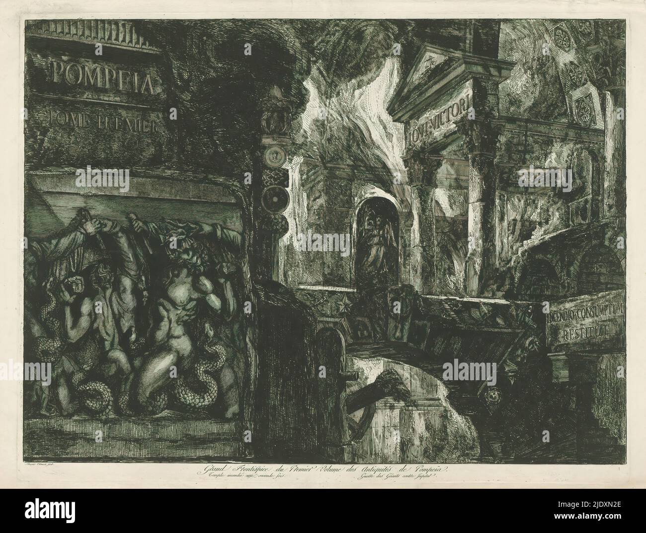 Stampa del titolo con il tempio e i frammenti di costruzione, Pompeia Tomé Premier (titolo sull'oggetto), Grand Frontispide du Premier Volume des Antiquités de Pompeia / Temple incendié une seconde fois / Guerre des Géants contre Giove (titolo sull'oggetto), Tempio con battaglia tra i giganti e Giove sulla sinistra., stampatore: Francesco Piranesi, (citato in oggetto), dopo disegno di: Giovanni Battista Piranesi, (possibilmente), Italia, 1804, carta, incisione, altezza 632 mm x larghezza 831 mm Foto Stock