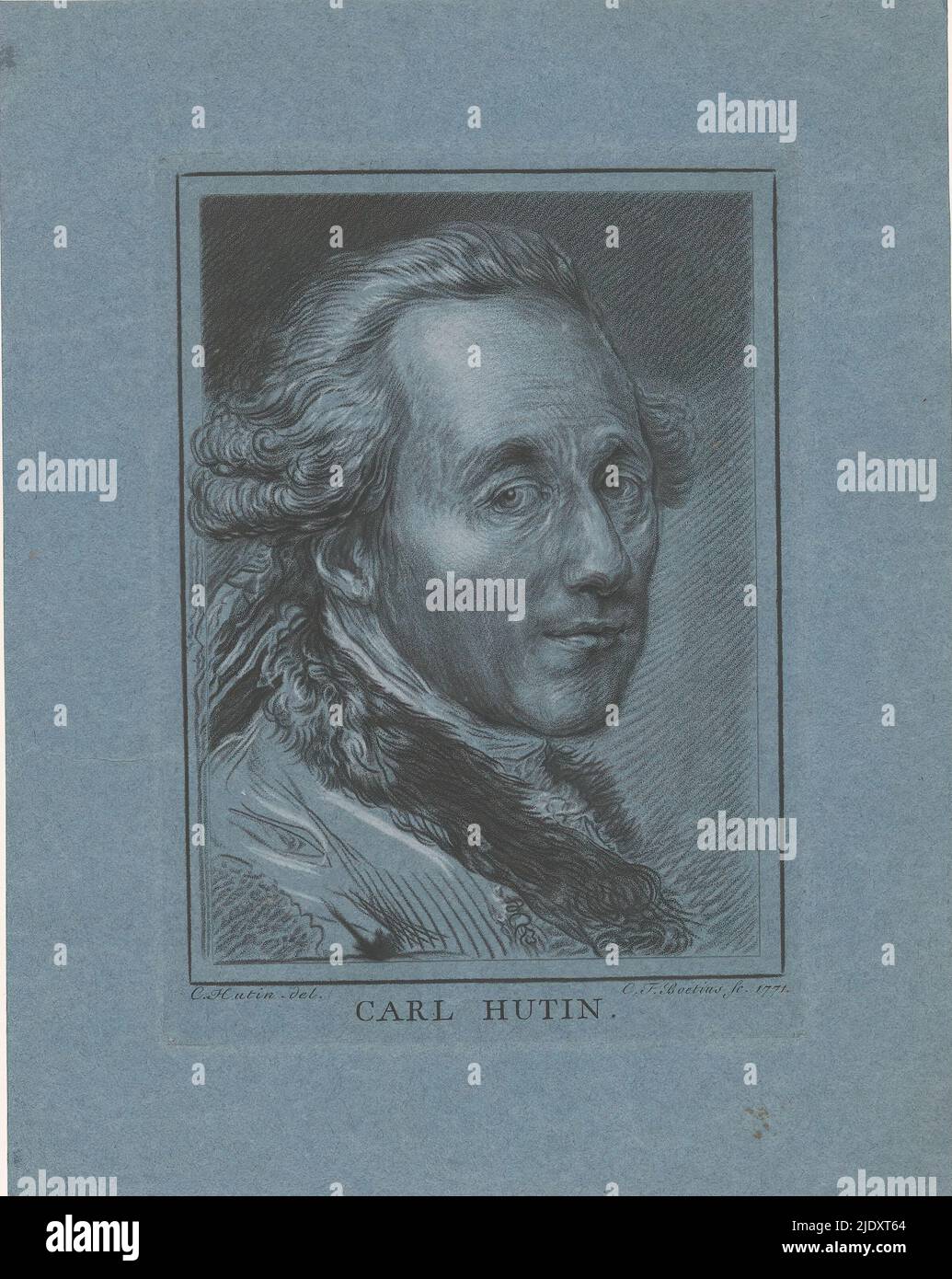 Ritratto di Charles Francois Hutin, Bust a destra. Stampa dopo un autoritratto. L'artista francese rococò Charles Francois Hutin (1715-1776) ha ricevuto la sua formazione all'Académie Royale sotto Francois Lemoine. Dopo gli studi partì, con il padre, per Roma, dove, Su consiglio di Jean-Francois de Troy, nuovo direttore dell'Accademia francese, iniziò a scolpire. Nel 1742 tornò a Parigi. Nel 1744 è stato accettato come scultore presso l'Académie Royale., tipografo: Christian Friedrich Boëtius, (menzionato sull'oggetto), dopo disegno di: Charles Franois Hutin, (menzionato sull'oggetto), Foto Stock