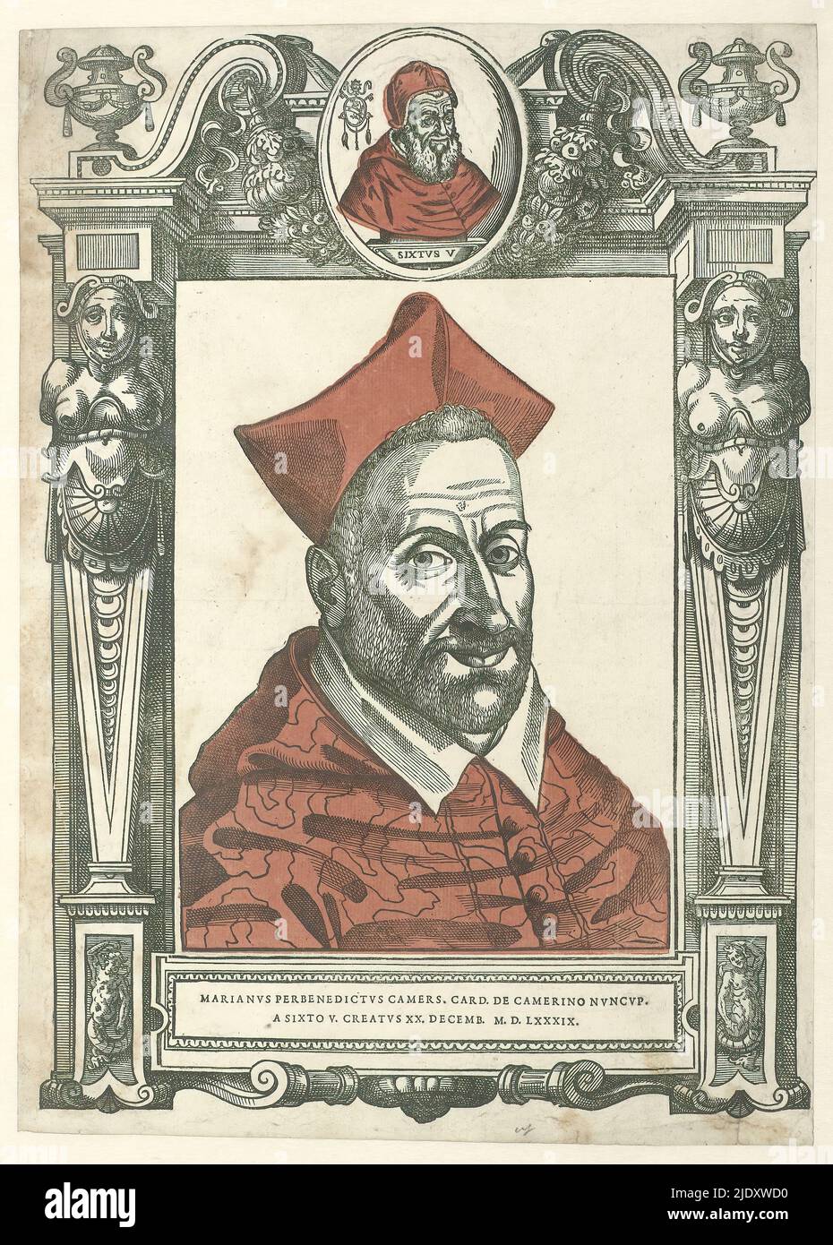 Ritratto del Cardinale Mariano Pierbenedetti, Ritratto di Mariano Pierbenedetti, incorniciato a forma di tabernacolo. In alto al centro in un medaglione il ritratto di Papa Sisto V., tipografo: Leonardo Parasole, (attribuito a), Italia, 1590 - 1600, carta, altezza 426 mm x larghezza 304 mm Foto Stock