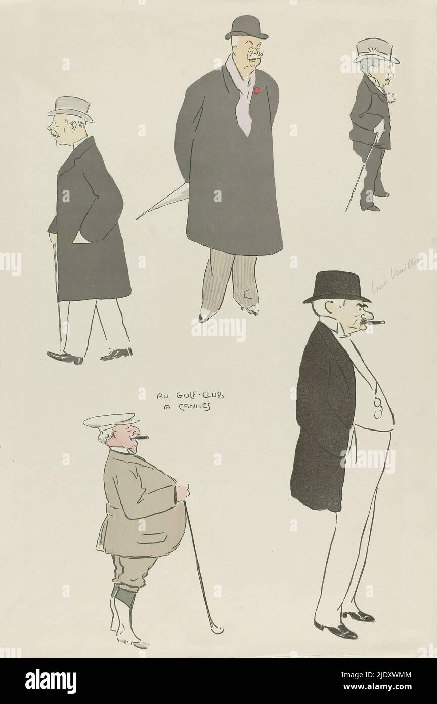 Au Golf-Club a Cannes, ca. 1920, Caricatura di cinque anziani in un golf  club a Cannes. Il golfista in basso a sinistra indossa un abito da golf  composto da una giacca, ginocchiere