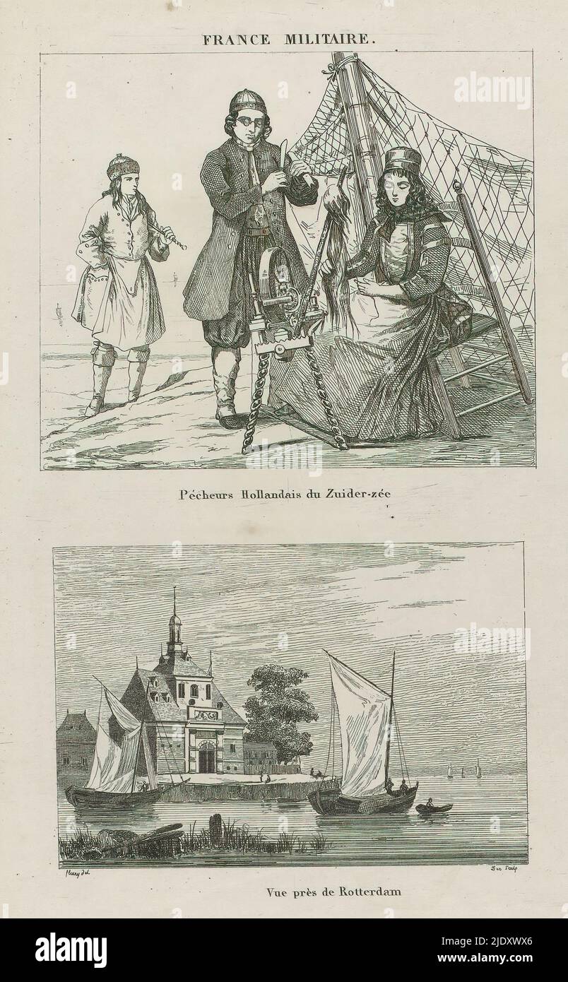 France Militaire, Pecheurs Hollandais du Zuider-zée, 1853-1858, France Militaire, Vue près de Rotterdam, 1853-1858, Costume da South Holland, tipografo: Due, (menzionato in oggetto), dopo disegno di: Fleury, (menzionato in oggetto), 1853 - 1858, carta, incisione, altezza 271 mm x larghezza 168 mm Foto Stock