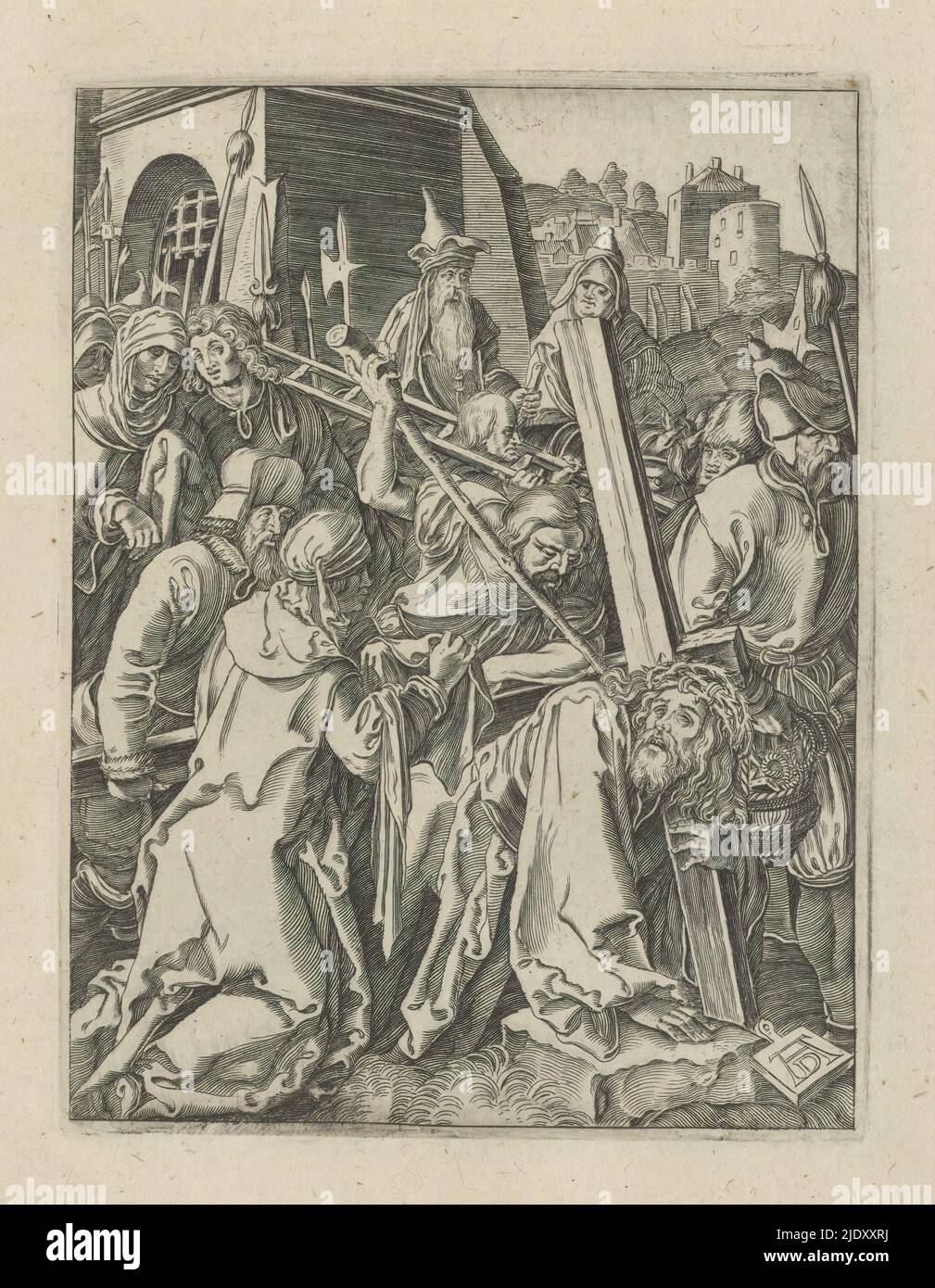 Portando la Croce, la piccola Passione (titolo della serie), Passio Christi AB Alberto Durer Nurenburgensi Effigiata (titolo della serie), Cristo porta la sua croce, seguita da una folla di persone. Veronica si alza con il panno di sudore accanto a lui. Print fa parte di un album., Print maker: anonymous, dopo la stampa di: Albrecht Dürer, (menzionato sull'oggetto), editore: Broer Jansz. (Den Haag), l'Aia, 1610-1620, carta, incisione, altezza 130 mm x larghezza 99 mm Foto Stock