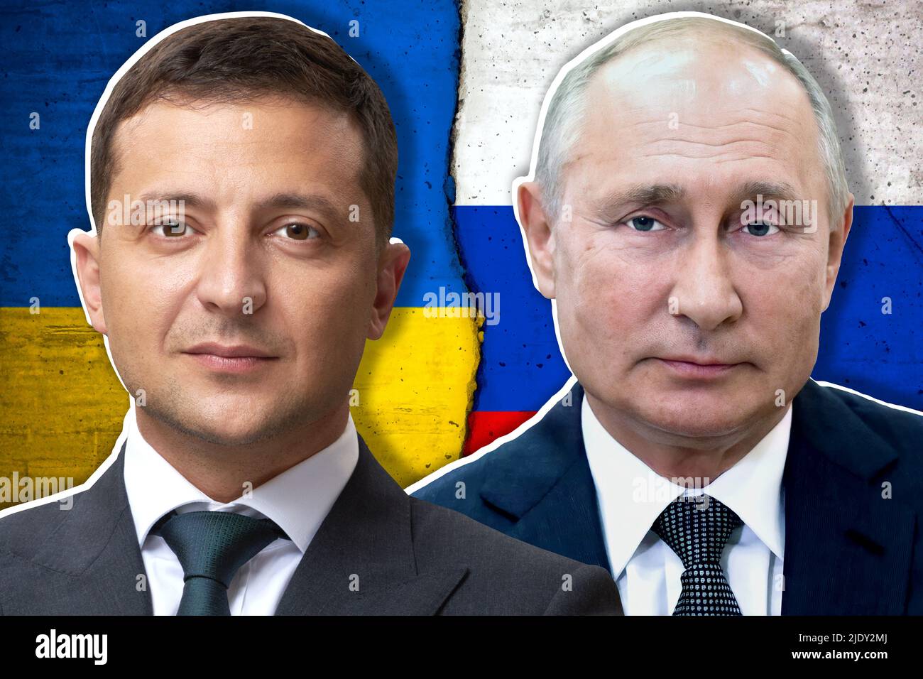 Volodymyr Zelensky, Vladimir Putin, bandiera Ucraina e bandiera russa Foto Stock