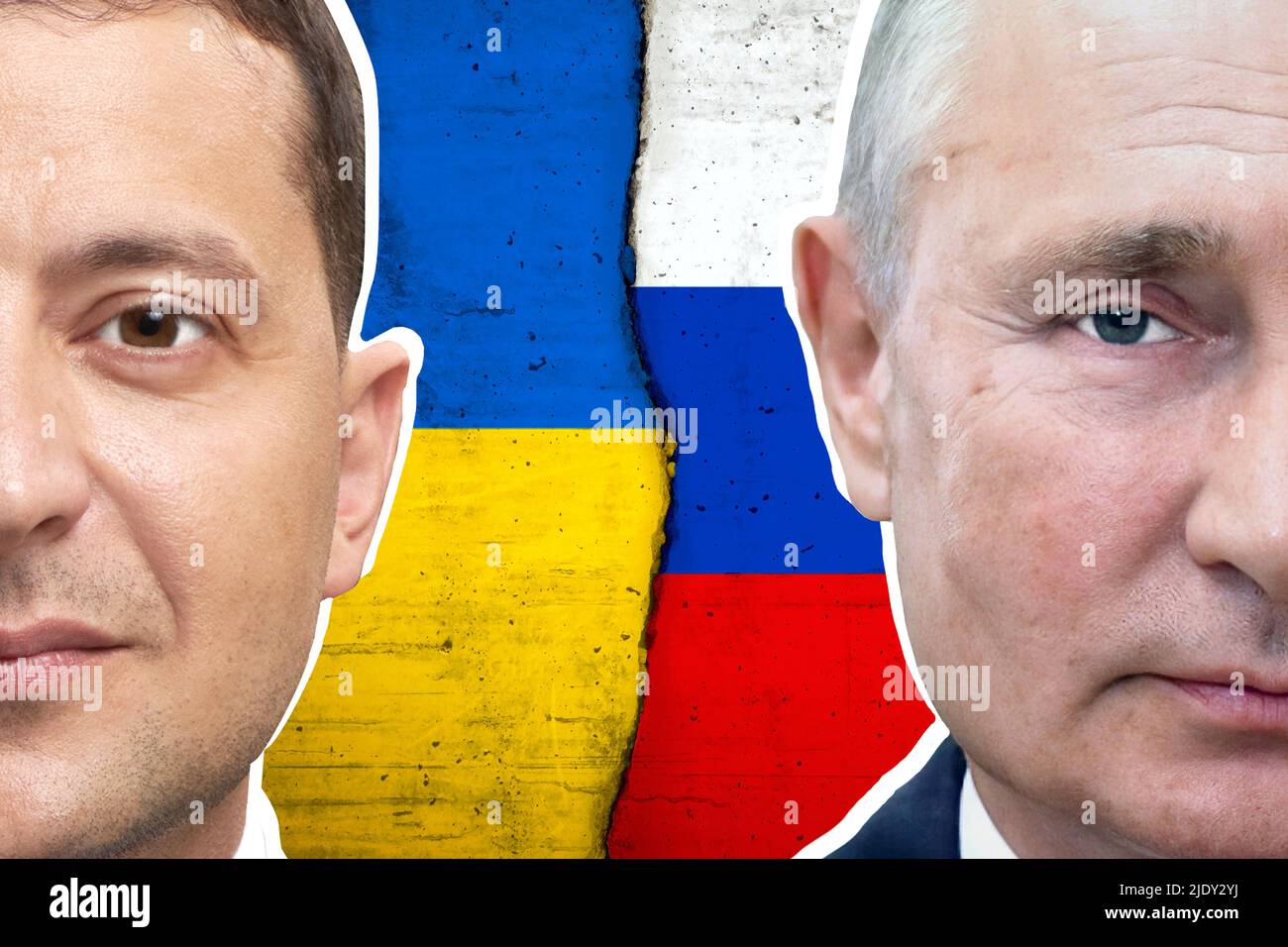 Volodymyr Zelensky, Vladimir Putin, bandiera Ucraina e bandiera russa Foto Stock