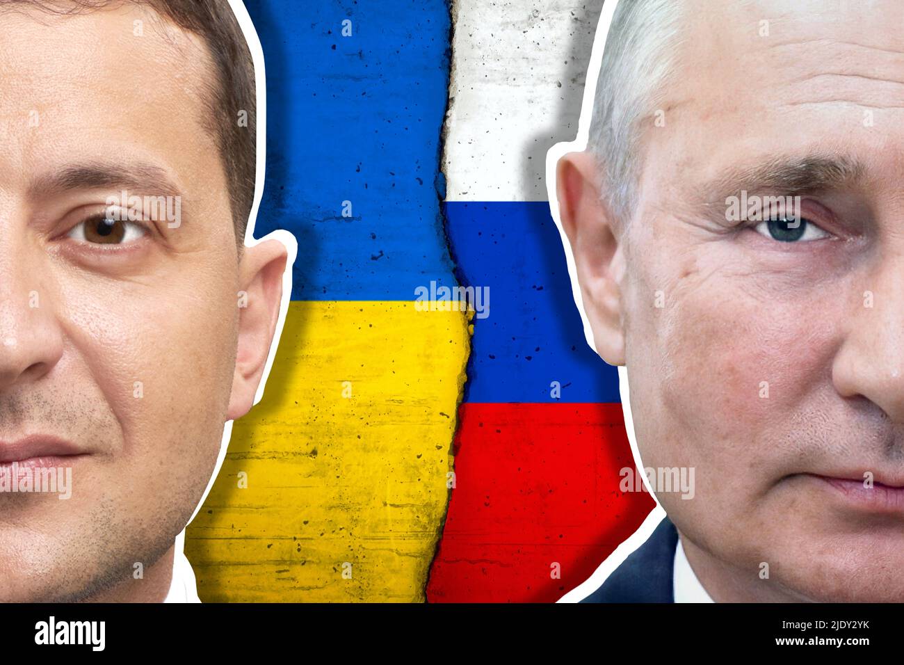Volodymyr Zelensky, Vladimir Putin, bandiera Ucraina e bandiera russa Foto Stock