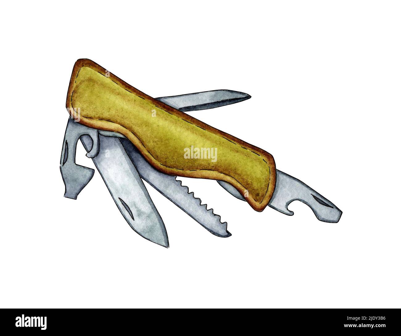 Illustrazione dell'acquerello di un coltello da campeggio pieghevole multifunzione. Coltello militare svizzero, coltello multiuso, coltello militare. Per la progettazione di design com Foto Stock