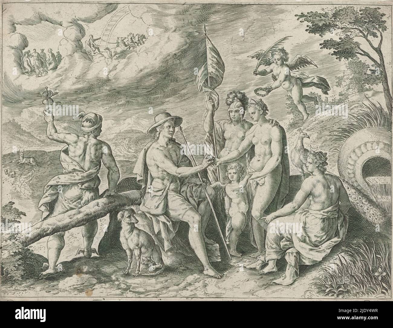Giudizio di Parigi, Metamorfosi di Ovidio (titolo della serie), il pastore di Parigi si siede su una roccia e mani Venere la mela d'oro, rendendola la dea più bella. È incoronata da un putto che tiene un ramo di palma. Juno, Minerva e Mercury Look on., Print maker: Crispijn van de Passe (i), dopo il disegno di: Crispijn van den Broeck, editore: Crispijn van de Passe (i), (attribuito a), c. 1636 - 1670, carta, incisione, altezza 179 mm x larghezza 237 mm Foto Stock