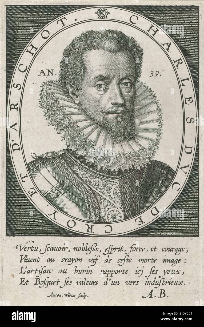 Ritratto di Charles de Croy, Duca di Aarschot, uno dei tre ritratti montati su un 18th-Century(?) Copertina album, tipografia: Antonie Wierix (II), 1599, carta, incisione, altezza 248 mm x larghezza 169 mm Foto Stock