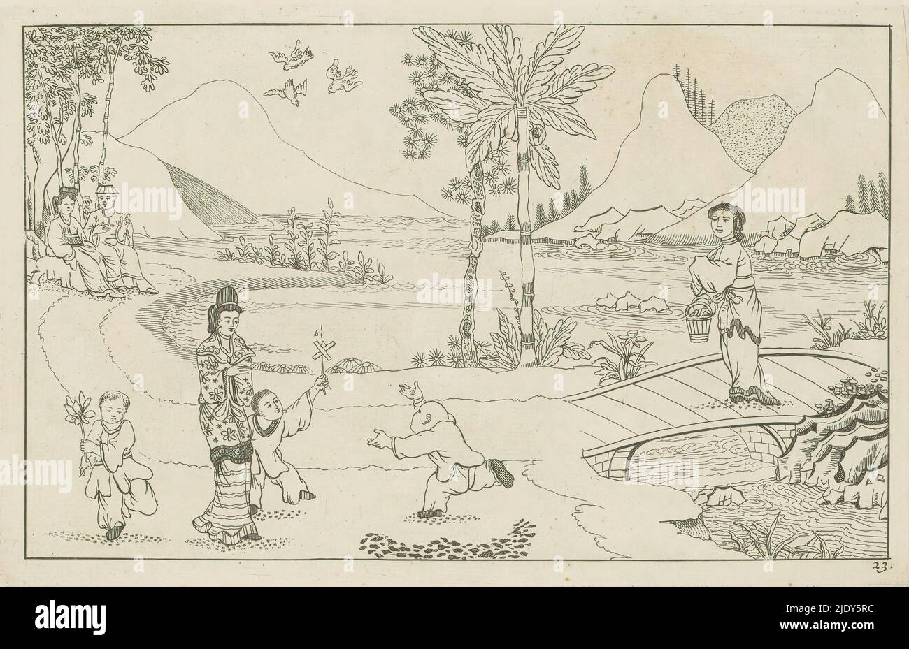 Paesaggio cinese con bambini da gioco, Nieuwe geinventeerde Sineesen ha incontrato groote moeyte geteekent en in 't ligt gegeven, porta P. Schenk Jun (...), seconda parte (titolo della serie), paesaggio cinese con una donna e tre bambini da gioco. Sulla destra una donna su un ponte. La stampa fa parte di un album., stampatore: Pieter Schenk (II), dopo disegno di: Pieter Schenk (II), editore: Pieter Schenk (II), Amsterdam, 1727 - 1775, carta, incisione, altezza 168 mm x larghezza 265 mm Foto Stock