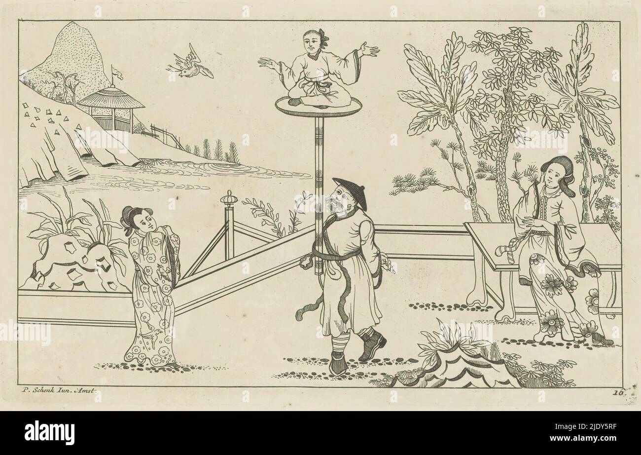 Paesaggio con figura seduta a gambe incrociate su una piattaforma, Nieuwe geinventeerde Sineesen incontrato groote moeyte geteekent en in 't ligt gegeven, porta P. Schenk Jun (...), seconda parte (titolo della serie), paesaggio cinese, al centro una figura seduta a gambe incrociate su una piattaforma su un palo, legato a un uomo in piedi. Da entrambi i lati, le donne cinesi osservano la scena. La stampa fa parte di un album., stampatore: Pieter Schenk (II), dopo disegno di: Pieter Schenk (II), editore: Pieter Schenk (II), (menzionato sull'oggetto), Amsterdam, 1727 - 1775, carta, incisione, altezza 165 mm x larghezza 262 mm Foto Stock
