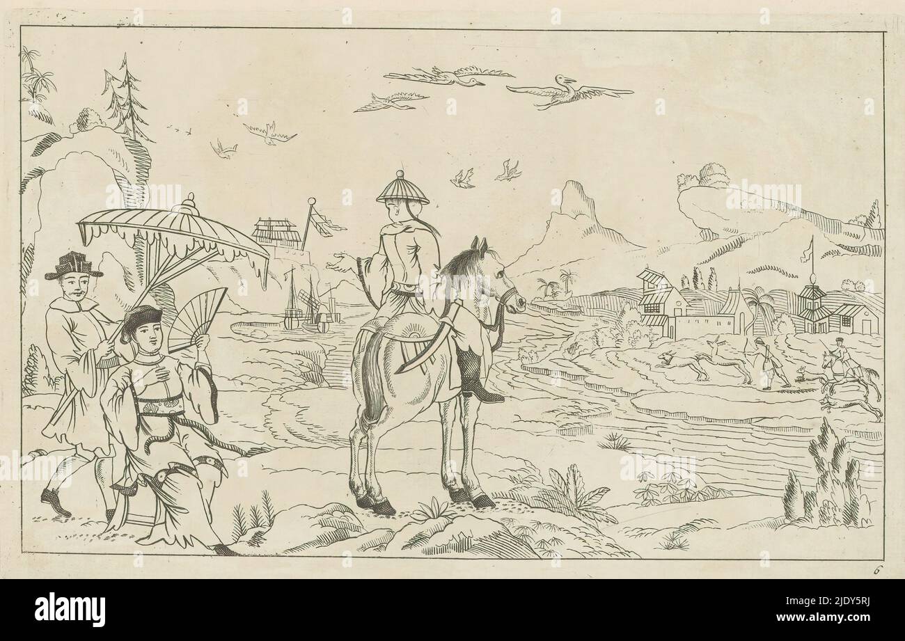 Rider e scena di caccia in un paesaggio cinese, scene di caccia cinese (titolo della serie), Nieuwe geinventeerde Sineesen, ha incontrato groote moeyte geteekent en in 't ligt gegeven, porta P: Schenk Jun (...), terza parte (titolo della serie), Paesaggio con a sinistra un pilota e una figura con un ventilatore sotto un ombrellone. Il paesaggio è attraversato da un fiume con una scena di caccia dall'altro lato. La stampa fa parte di un album., stampatore: Pieter Schenk (II), dopo disegno di: Pieter Schenk (II), editore: Pieter Schenk (II), Amsterdam, 1727 - 1775, carta, incisione, altezza 162 mm x larghezza 256 mm Foto Stock