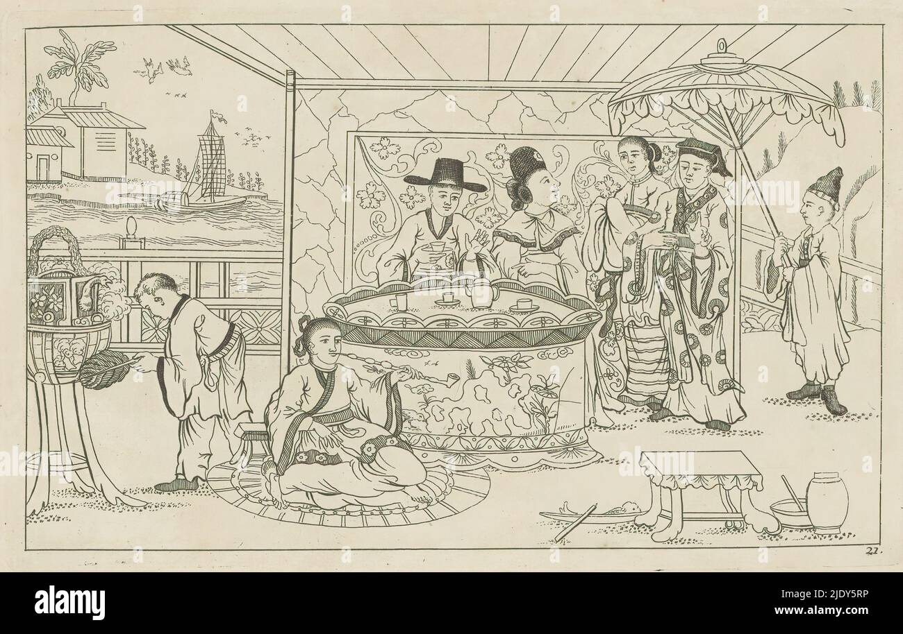 Figure cinesi intorno ad un tavolo da tè, Nieuwe geinventeerde Sineesen ha incontrato groote moeyte geteekent en in 't ligt gegeven, porta P. Schenk Jun (...), seconda parte (titolo della serie), quattro figure cinesi intorno ad un tavolo con servizio di tè. A destra un servo con ombrellone. In primo piano un uomo seduto sul pavimento fumando un tubo. La stampa fa parte di un album., stampatore: Pieter Schenk (II), dopo disegno di: Pieter Schenk (II), editore: Pieter Schenk (II), Amsterdam, 1727 - 1775, carta, incisione, altezza 164 mm x larghezza 262 mm Foto Stock