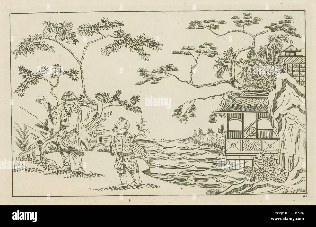 Due uomini cinesi in un paesaggio, New invented Sineesen, Met groote moeyte geteekent en in 't ligt gegeven, porta P: Schenk Jun (...), prima parte (titolo della serie), sinistra due uomini cinesi in un paesaggio. Nel mezzo un fiume. Sulla destra un edificio. La stampa fa parte di un album., stampatore: Pieter Schenk (II), dopo disegno di: Pieter Schenk (II), editore: Pieter Schenk (II), Amsterdam, 1727 - 1775, carta, incisione, altezza 165 mm x larghezza 260 mm Foto Stock