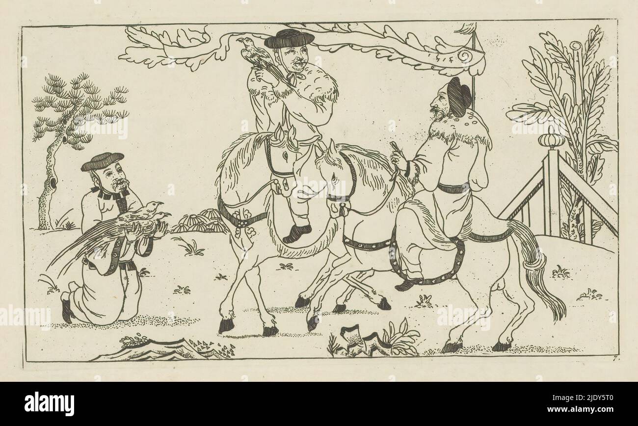 Paesaggio cinese con due cavalieri, New invented Sineesen, ha incontrato groote moeyte geteekent en in 't ligt gegeven, porta P: Schenk Jun (...), prima parte (titolo della serie), due cavalieri, l'uomo a sinistra con un uccello in mano, l'uomo a destra con una bandiera. A sinistra un uomo inginocchiato con due uccelli fra le braccia. La stampa fa parte di un album., stampatore: Pieter Schenk (II), dopo disegno di: Pieter Schenk (II), editore: Pieter Schenk (II), Amsterdam, 1727 - 1775, carta, incisione, altezza 146 mm x larghezza 254 mm Foto Stock