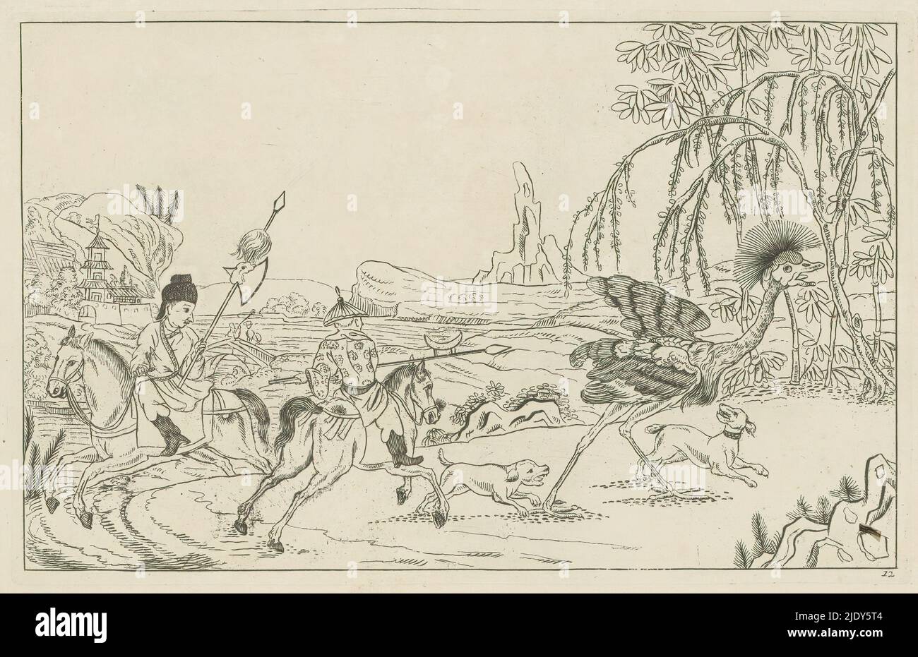 Paesaggio con caccia allo struzzo, scene di caccia cinesi (titolo della serie), Nieuwe geinventeerde Sineesen, Met groote moeyte geteekent en in 't ligt gegeven, porta P: Schenk Jun (...), terza parte (titolo della serie), paesaggio cinese con due cavalieri che cacciano uno struzzo con lance e sterlina. La stampa fa parte di un album., stampatore: Pieter Schenk (II), dopo disegno di: Pieter Schenk (II), editore: Pieter Schenk (II), Amsterdam, 1727 - 1775, carta, incisione, altezza 161 mm x larghezza 254 mm Foto Stock