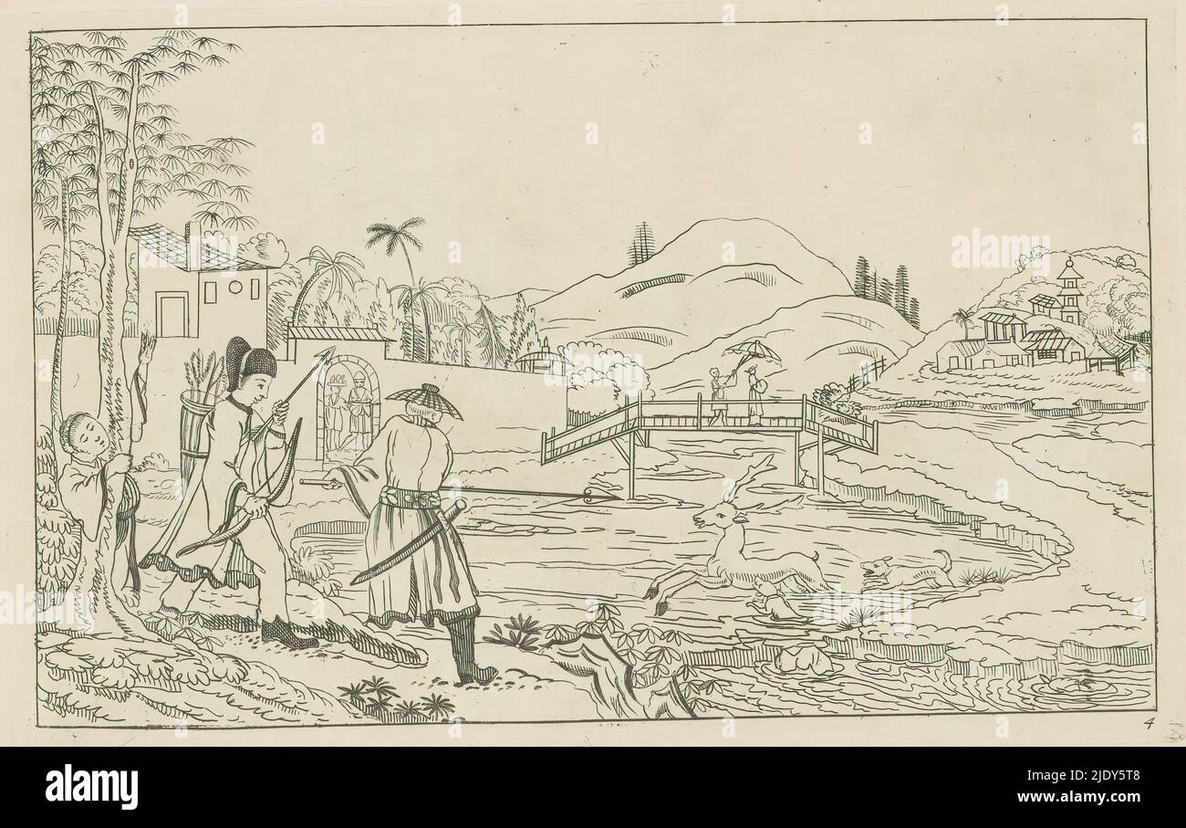 Paesaggio cinese con caccia al cervo, scene di caccia cinese (titolo della serie), Nieuwe geinventeerde Sineesen, Met groote moeyte geteekent en in 't ligt gegeven, porta P: Schenk Jun (...), terza parte (titolo della serie), paesaggio fluviale con un cervo inseguito da cani da caccia. Sulla riva sinistra un uomo con una lancia e un uomo con un arco e una freccia. La stampa fa parte di un album., stampatore: Pieter Schenk (II), dopo disegno di: Pieter Schenk (II), editore: Pieter Schenk (II), Amsterdam, 1727 - 1775, carta, incisione, altezza 167 mm x larghezza 254 mm Foto Stock