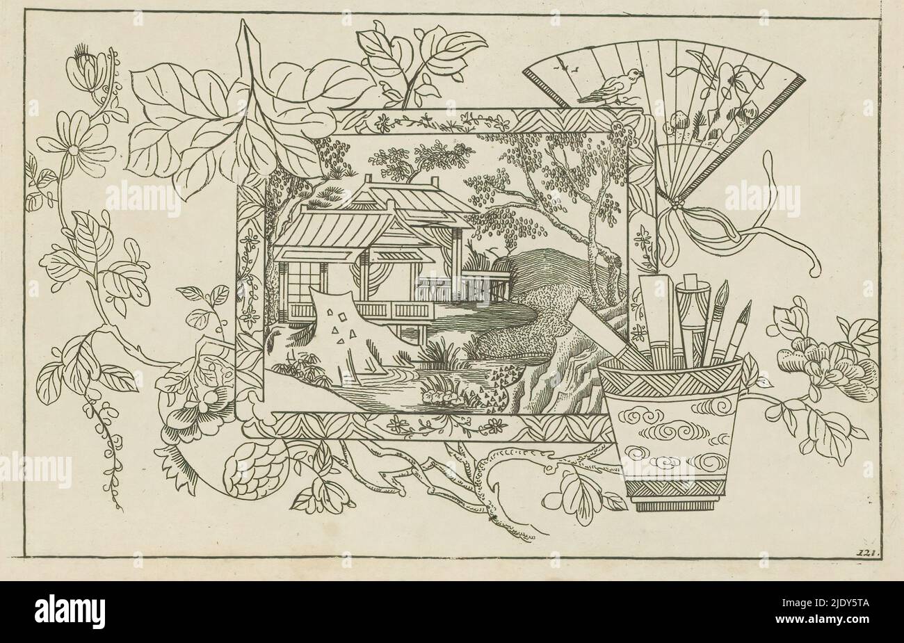 Still life of Chinese Objects and Representations, newly invented Sineesen, Met groote moeyte geteekent en in 't ligt gegeven, door P: Schenk Jun (...), prima parte (titolo della serie), still life of Objects and Representations. Al centro un dipinto o (dien?) Foglio con una rappresentazione di un paesaggio cinese. Accanto ad esso un supporto con gli utensili di scrittura e di disegno. Intorno ad esso ornamenti floreali e in alto a destra un ventilatore. La stampa fa parte di un album., stampatore: Pieter Schenk (II), dopo disegno di: Pieter Schenk (II), editore: Pieter Schenk (II), Amsterdam, 1727 - 1775, carta, incisione, altezza 170 m. Foto Stock