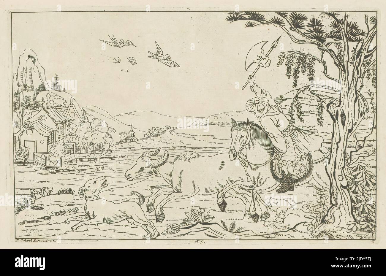 Paesaggio cinese con caccia di toro, scene di caccia cinese (titolo della serie), Nieuwe geinventeerde Sineesen, Met groote moeyte geteekent en in 't ligt gegeven, porta P: Schenk Jun (...), terzo cervo (titolo della serie), in un paesaggio un uomo seduto su un cavallo con un'ascia in mano sta cercando un toro. Numerato in basso al centro: 5. La stampa fa parte di un album., stampatore: Pieter Schenk (II), dopo disegno di: Pieter Schenk (II), editore: Pieter Schenk (II), (menzionato sull'oggetto), Amsterdam, 1727 - 1775, carta, incisione, altezza 161 mm x larghezza 252 mm Foto Stock