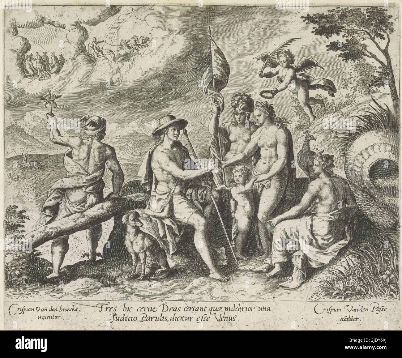 Giudizio di Parigi, Metamorfosi di Ovidio (titolo della serie), il pastore di Parigi si siede su una roccia e mani Venere la mela d'oro, proclamandola la dea più bella. È incoronata da un putto che tiene un ramo di palma. Juno, Minerva e Mercurio guardano sopra. Nel margine una spiegazione a due righe della raffigurazione in latino., stampatore: Crispijn van de Passe (II), (menzionato sull'oggetto), dopo disegno da: Crispijn van den Broeck, (menzionato sull'oggetto), editore: Crispijn van de Passe (II), (attribuito a), c. 1636 - 1670, carta, incisione, altezza 194 mm x larghezza 235 mm Foto Stock
