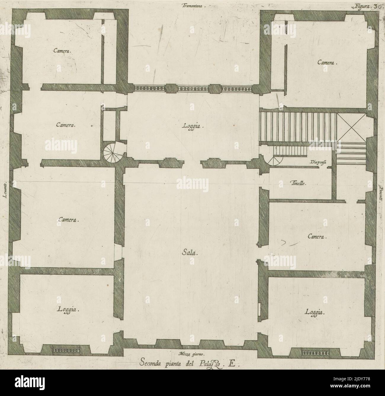 Pianta del secondo piano della villa Pallavicino delle Peschiere a Genova, Seconda pianta del Palazzo. E (titolo su oggetto), questa stampa fa parte di un album., Print maker: Nicolaes Ryckmans, editore: Peter Paul Rubens, Spaanse kroon, Antwerp, 1622, paper, incisione, altezza 243 mm x larghezza 252 mm, altezza 583 mm x larghezza 435 mm Foto Stock